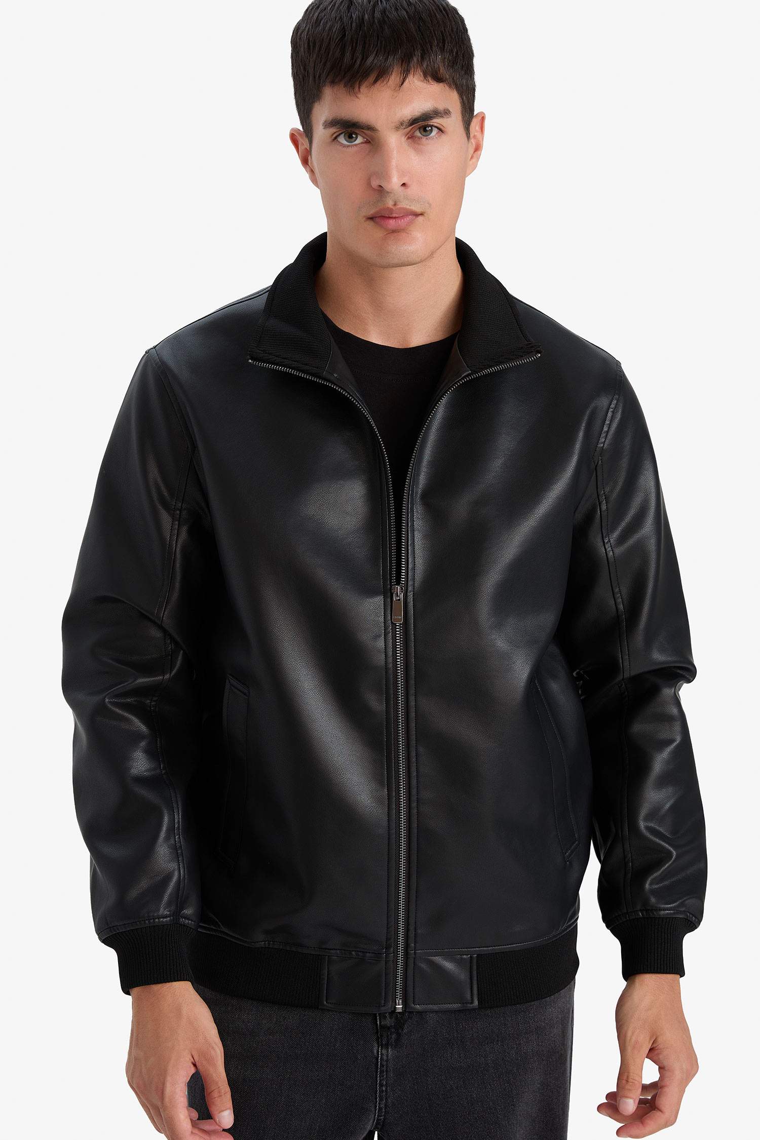 Slim Fit Faux Leather Jacket with Stand Collar