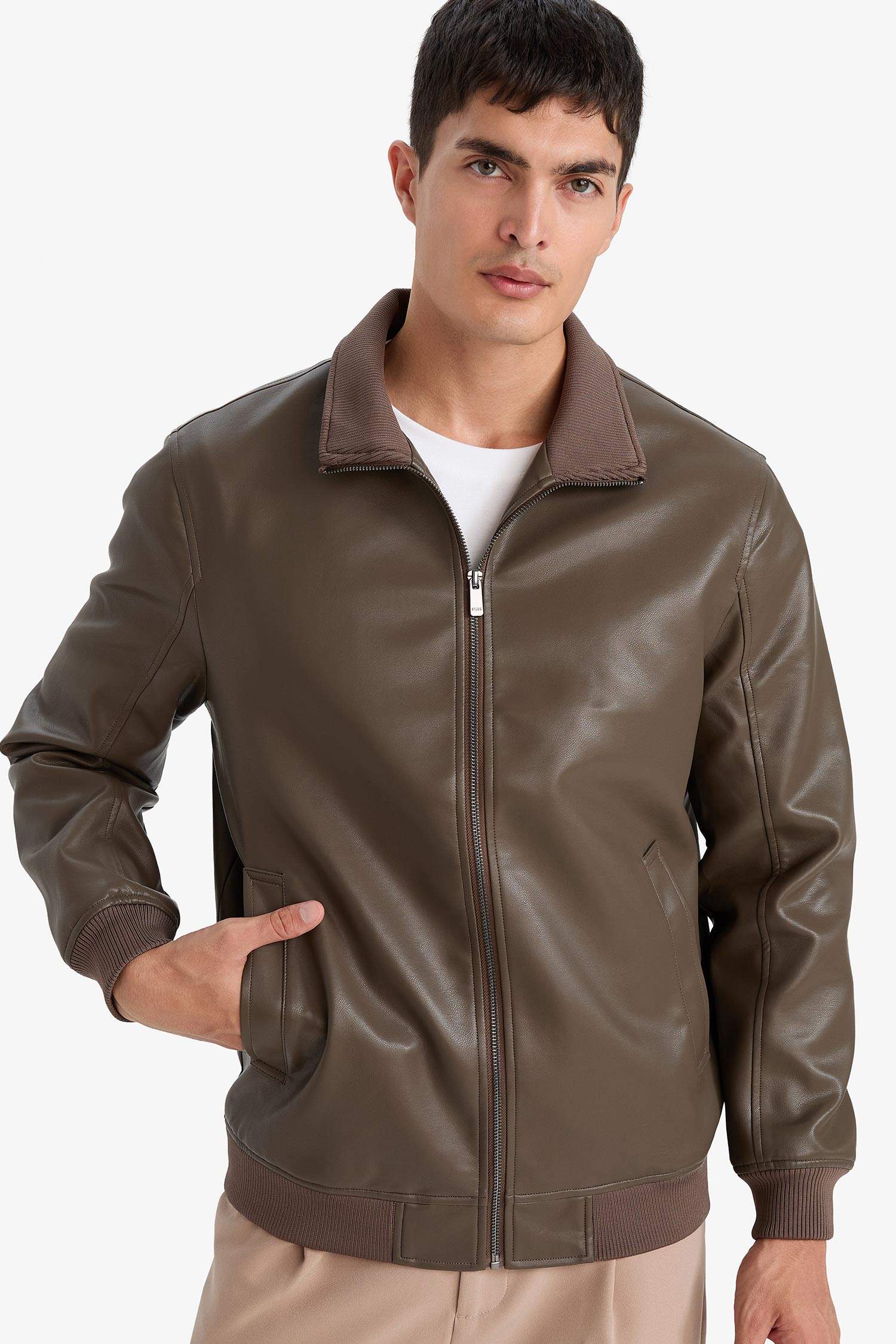 Slim Fit Faux Leather Jacket with Stand Collar