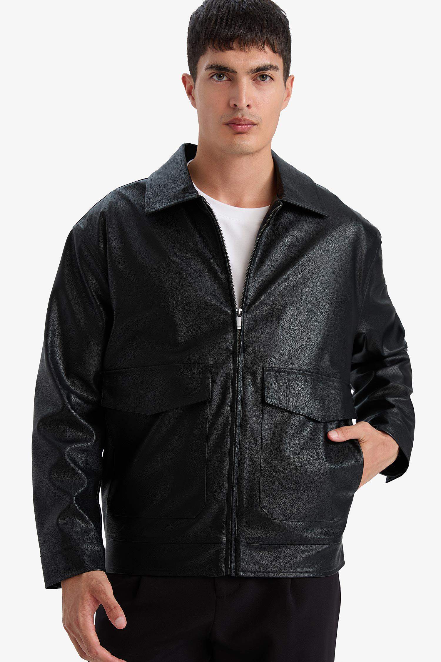 Slim Fit Lined Zippered Faux Leather Jacket