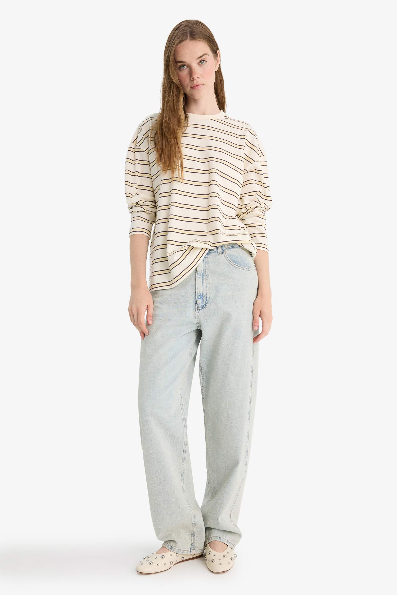 Loose Fit Bisiklet Yaka Çizgili Sweatshirt