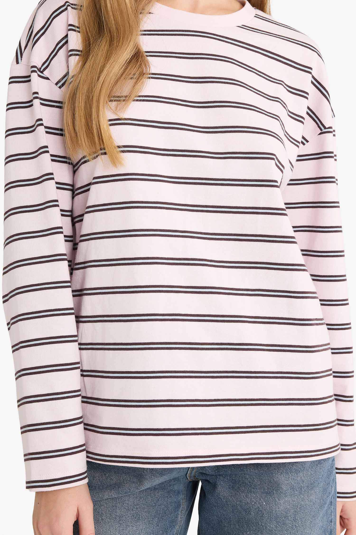 Loose Fit Bisiklet Yaka Çizgili Sweatshirt