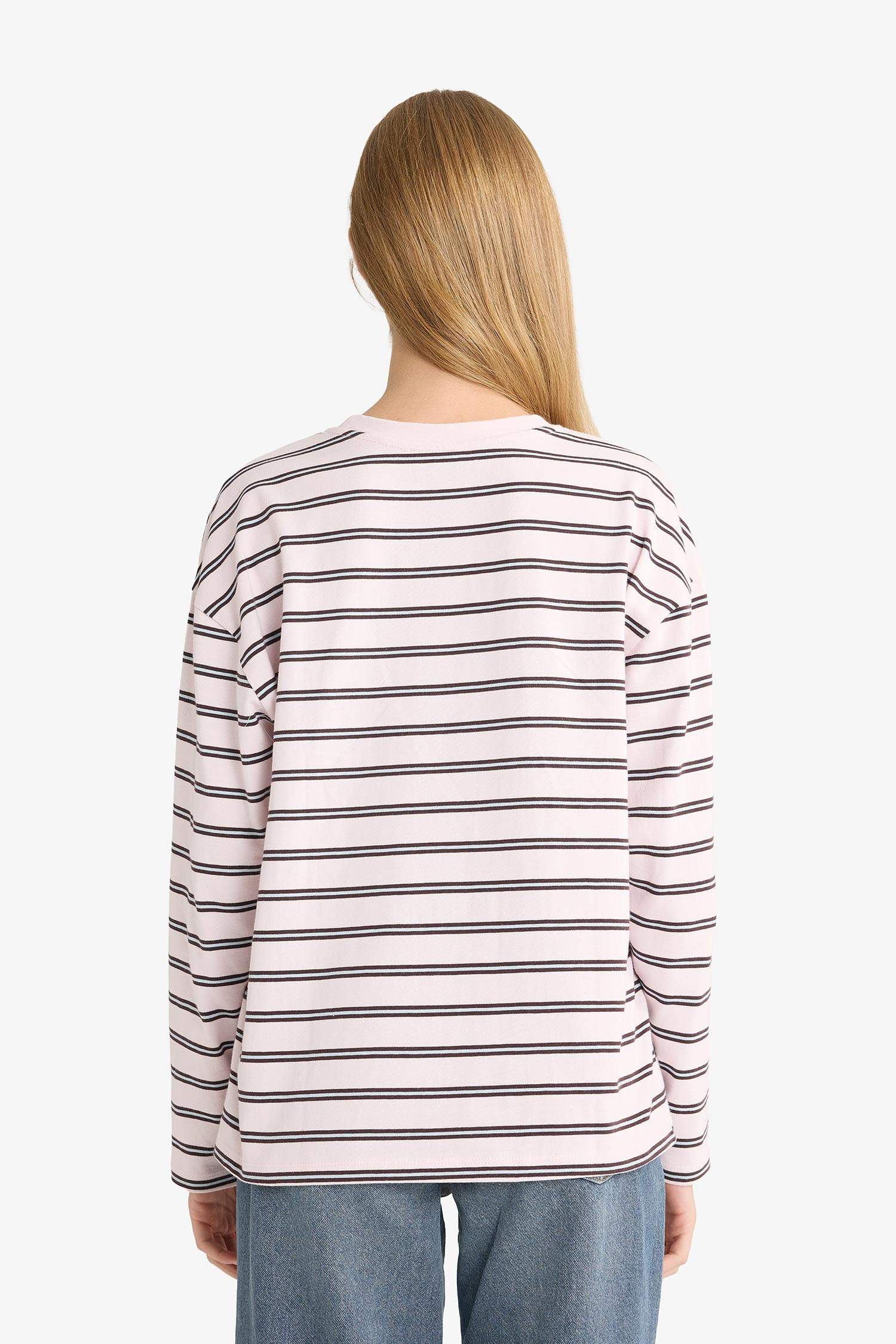 Loose Fit Bisiklet Yaka Çizgili Sweatshirt