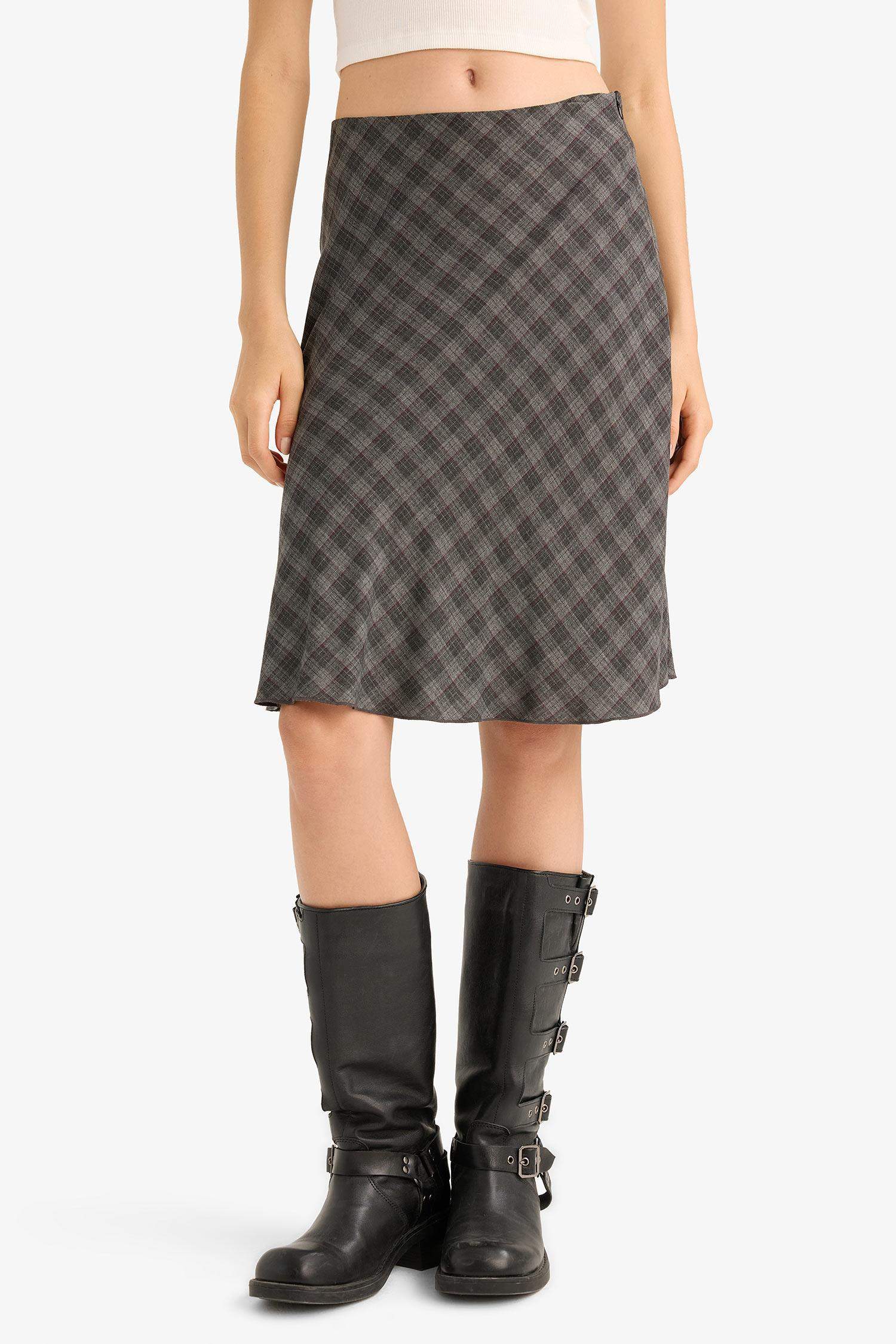 A Line Plaid Viscose High Waist Midi Skirt