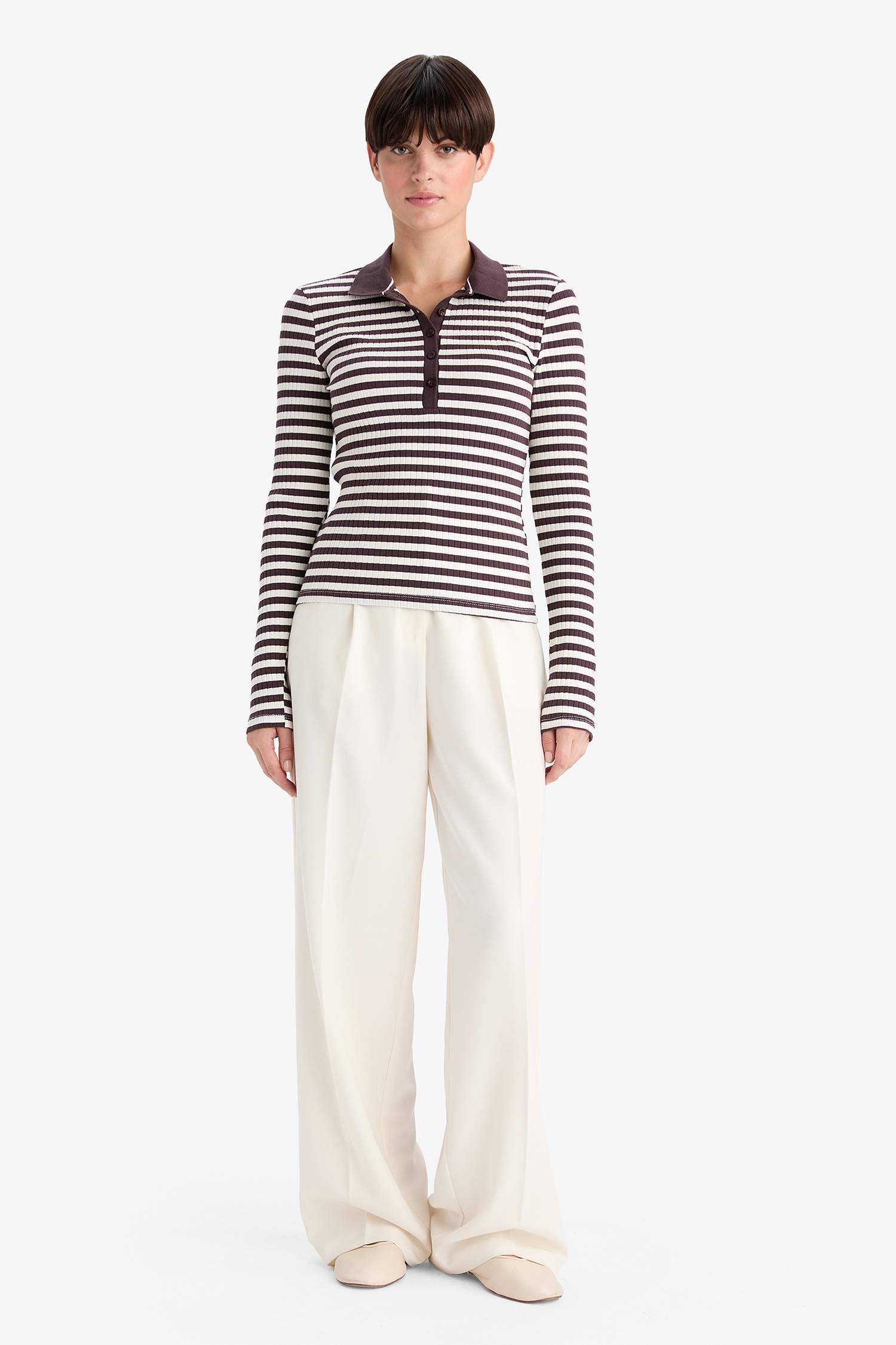 Slim Fit Dar Kesim Polo Yaka Çizgili Fitilli Kaşkorse Uzun Kollu Tişört