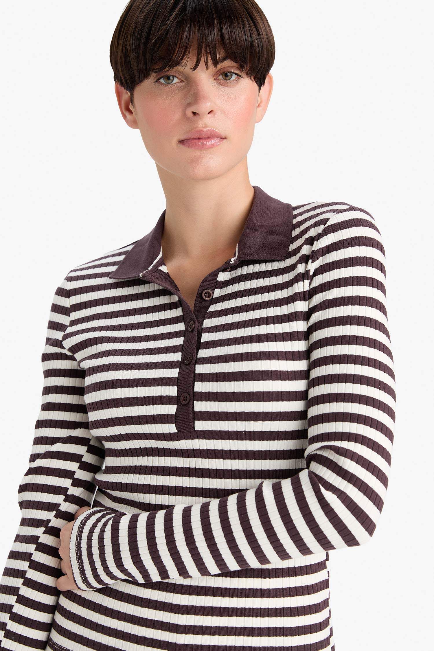 Slim Fit Dar Kesim Polo Yaka Çizgili Fitilli Kaşkorse Uzun Kollu Tişört