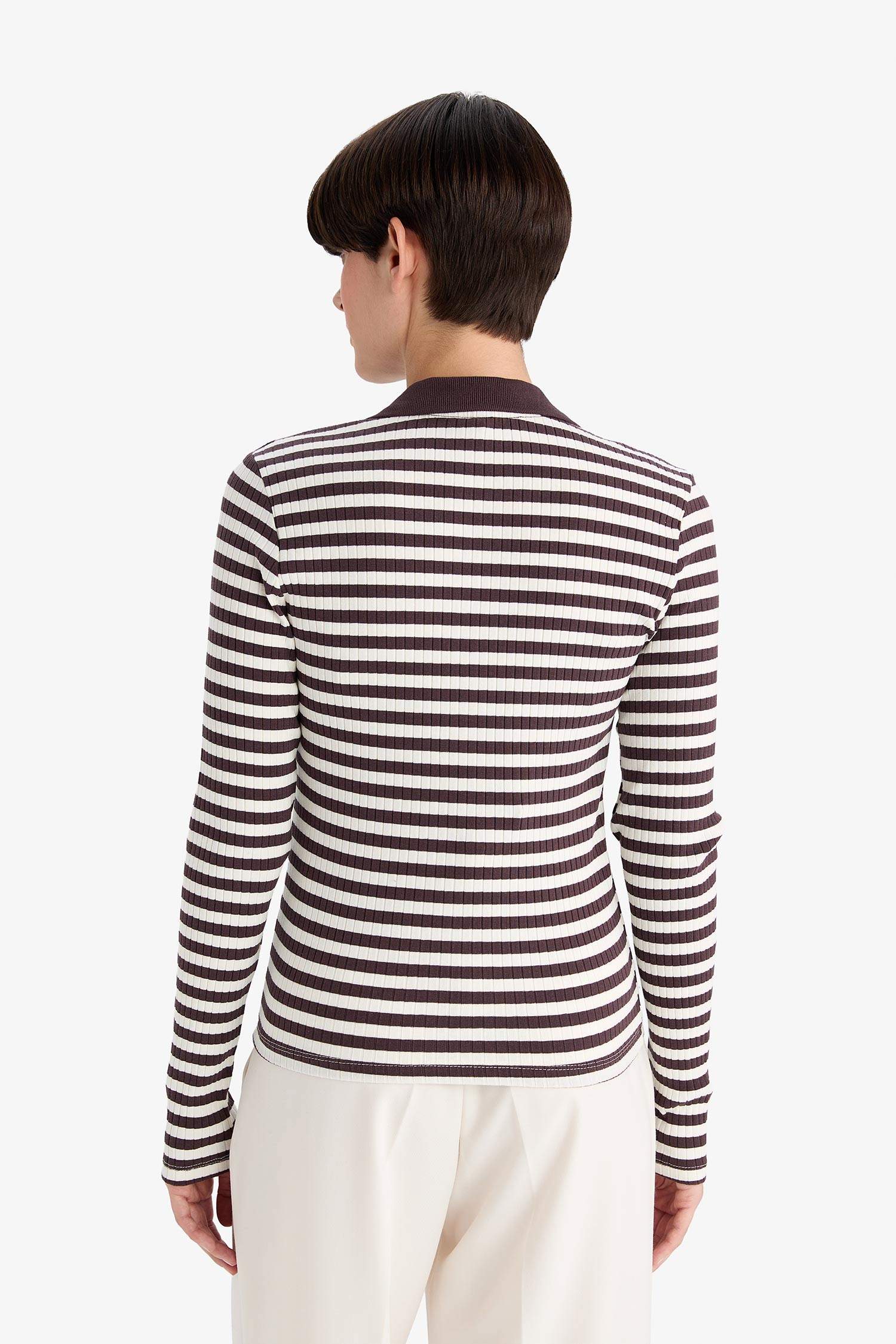 Slim Fit Dar Kesim Polo Yaka Çizgili Fitilli Kaşkorse Uzun Kollu Tişört