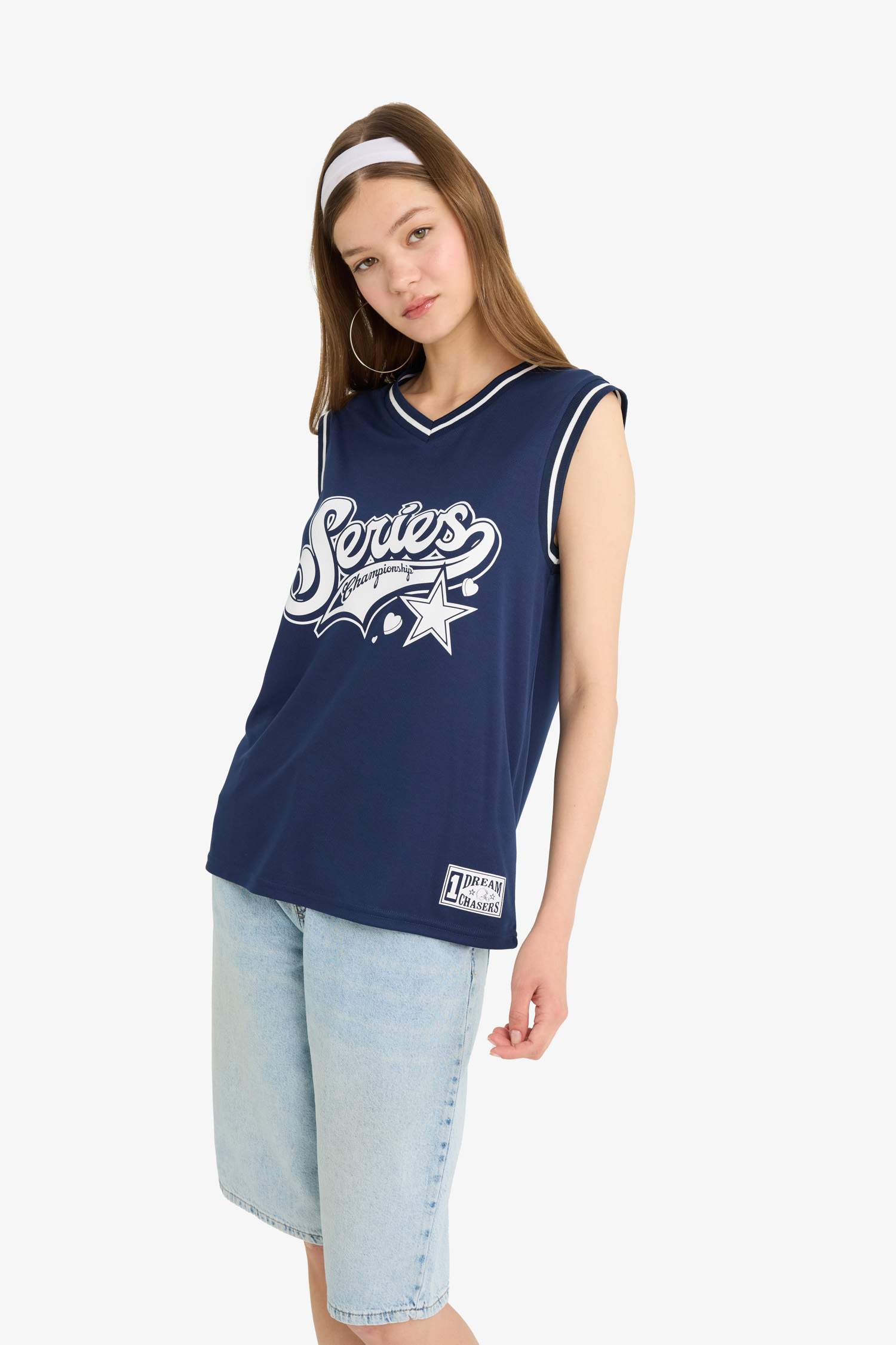 Coool Oversize Geniş Kalıp Sırt Baskılı V Yaka Forma Kumaşı Atlet