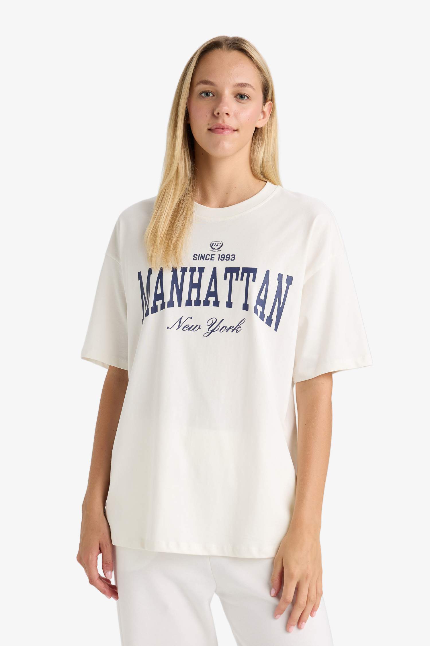 Oversize Geniş Kalıp Bisiklet Yaka Baskılı Kısa Kollu Tişört