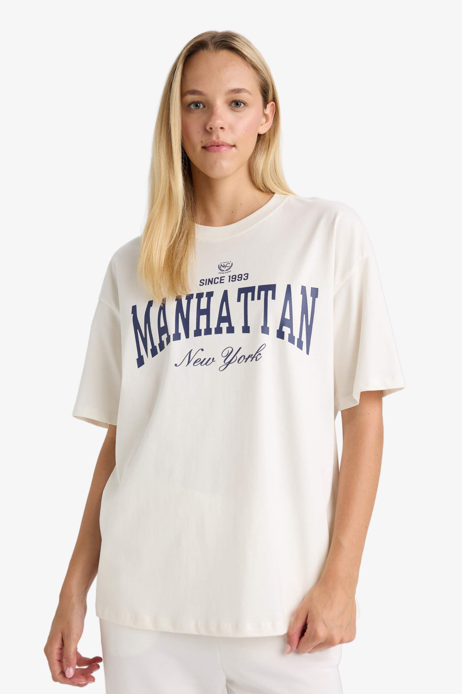 Oversize Geniş Kalıp Bisiklet Yaka Baskılı Kısa Kollu Tişört