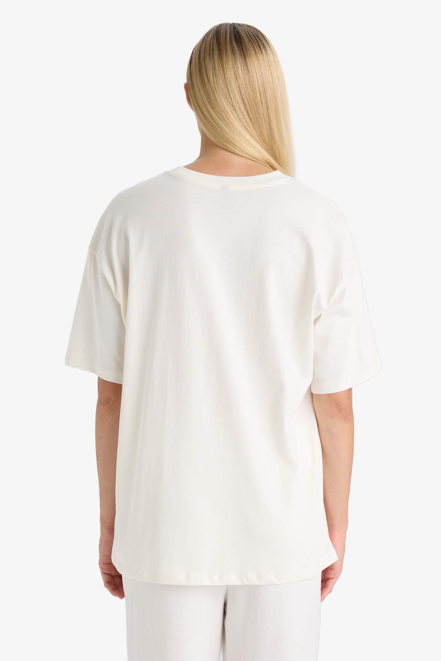 Oversize Geniş Kalıp Bisiklet Yaka Baskılı Kısa Kollu Tişört