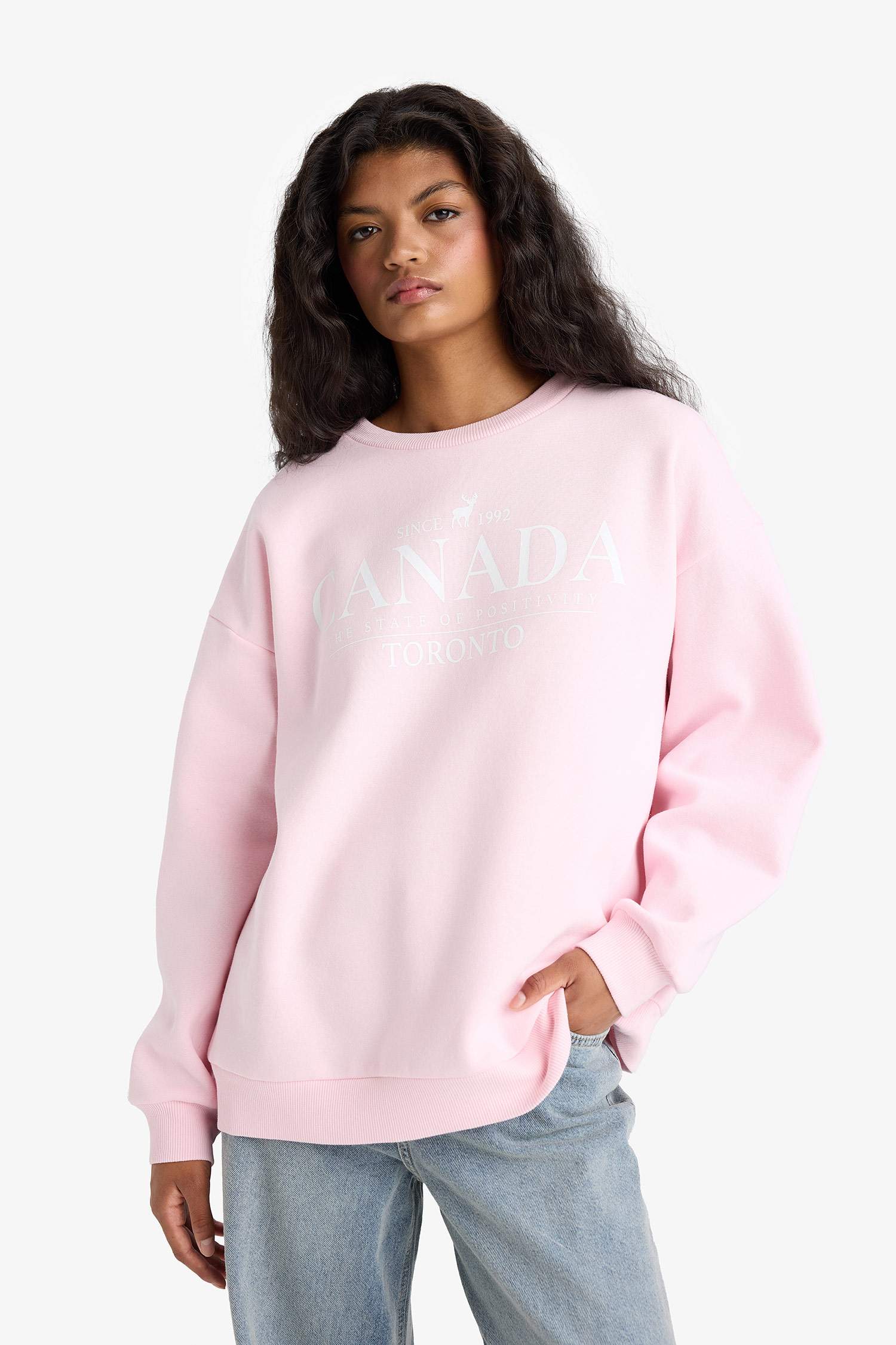 Oversize Geniş Kalıp Bisiklet Yaka Baskılı Kalın Sweatshirt