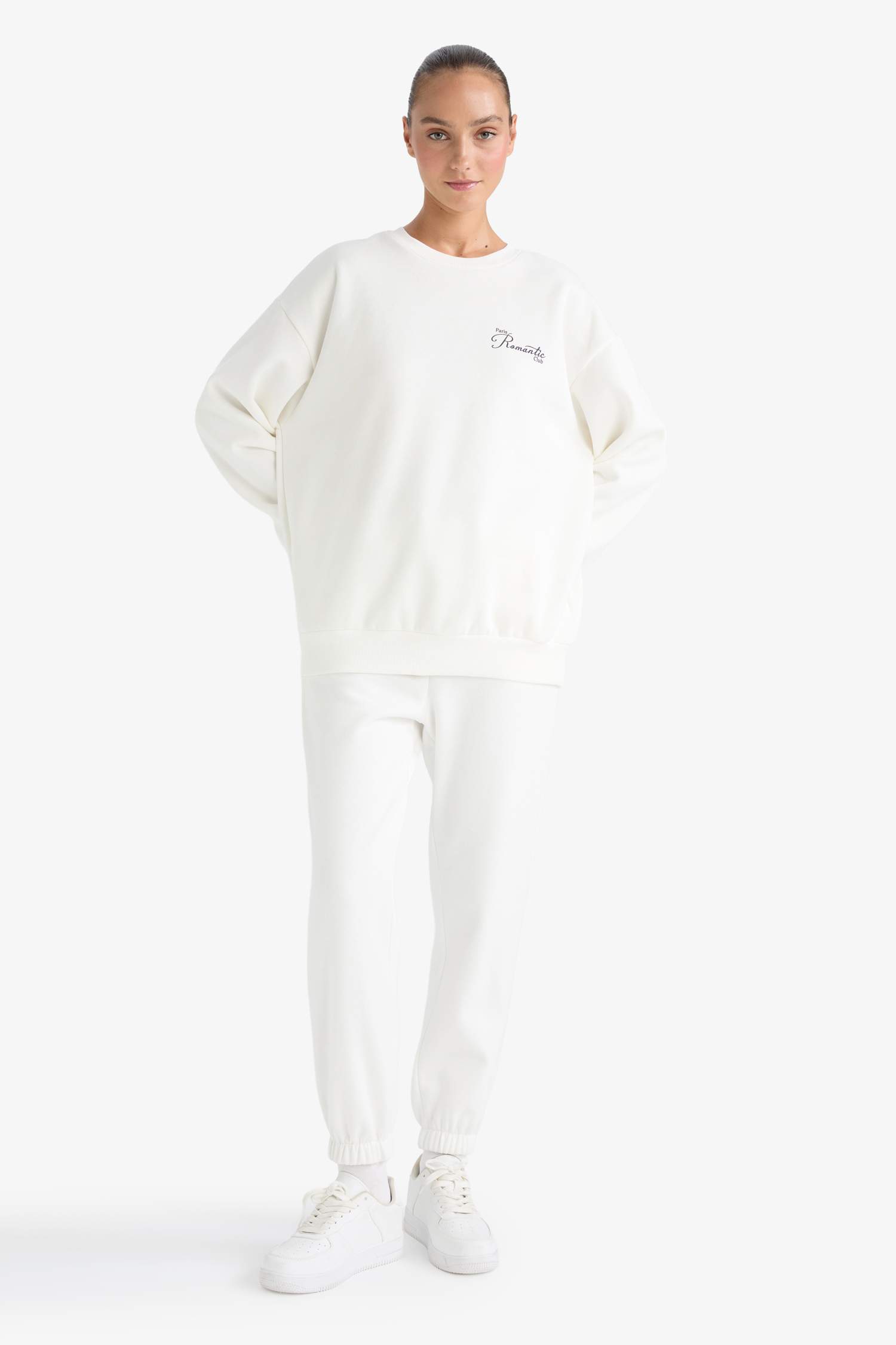 Oversize Geniş Kalıp Bisiklet Yaka Baskılı Kalın Sweatshirt