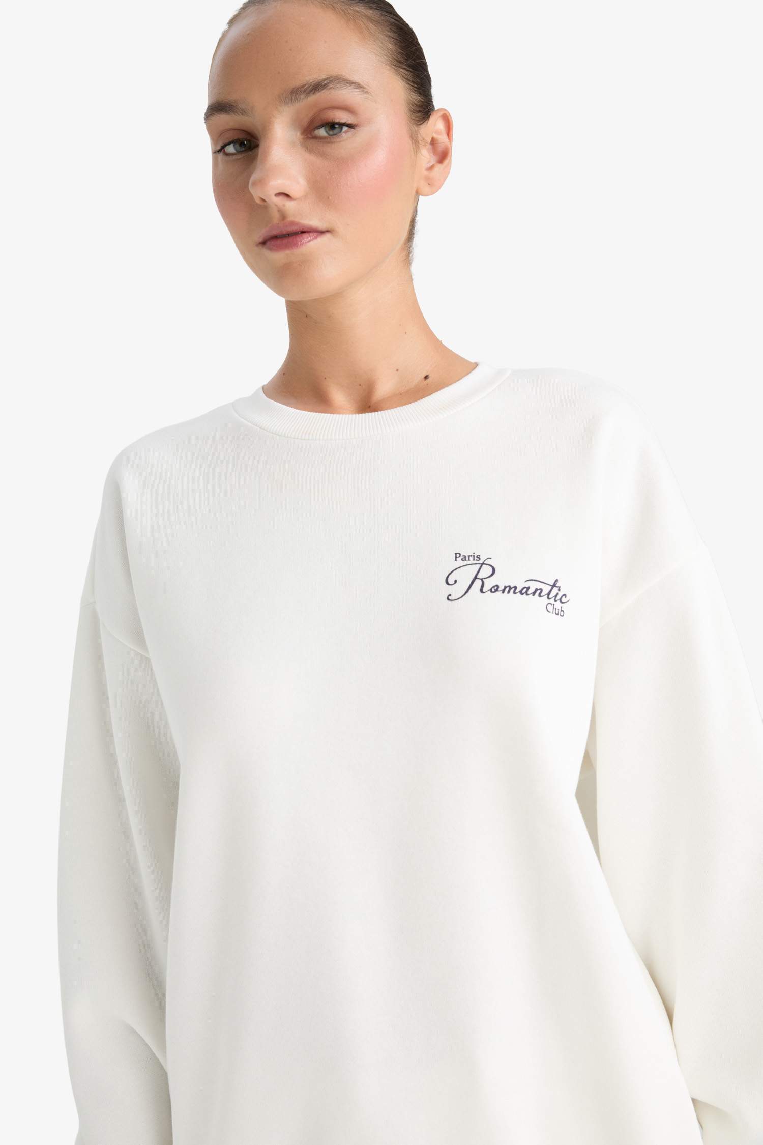 Oversize Geniş Kalıp Bisiklet Yaka Baskılı Kalın Sweatshirt