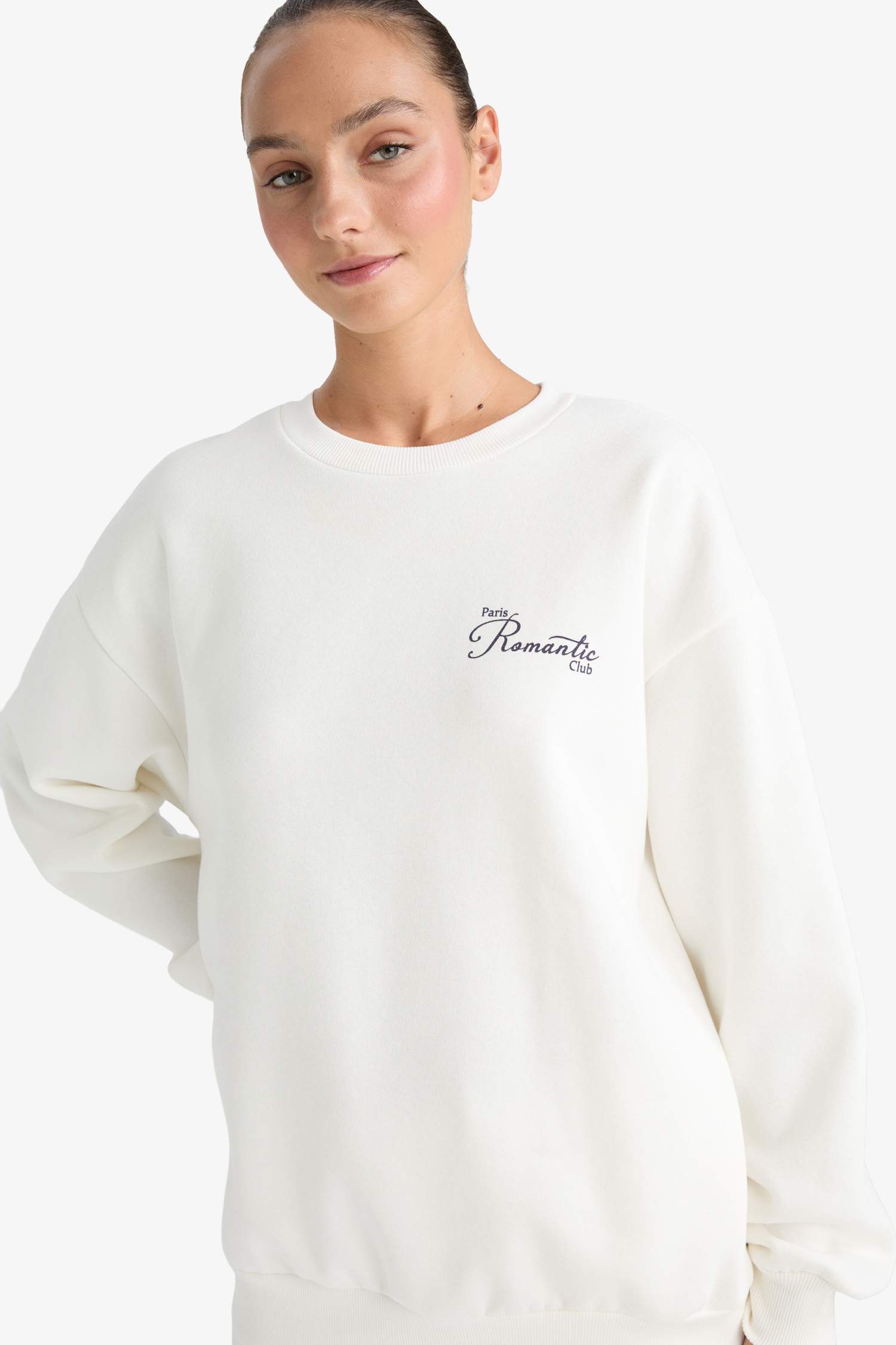 Oversize Geniş Kalıp Bisiklet Yaka Baskılı Kalın Sweatshirt