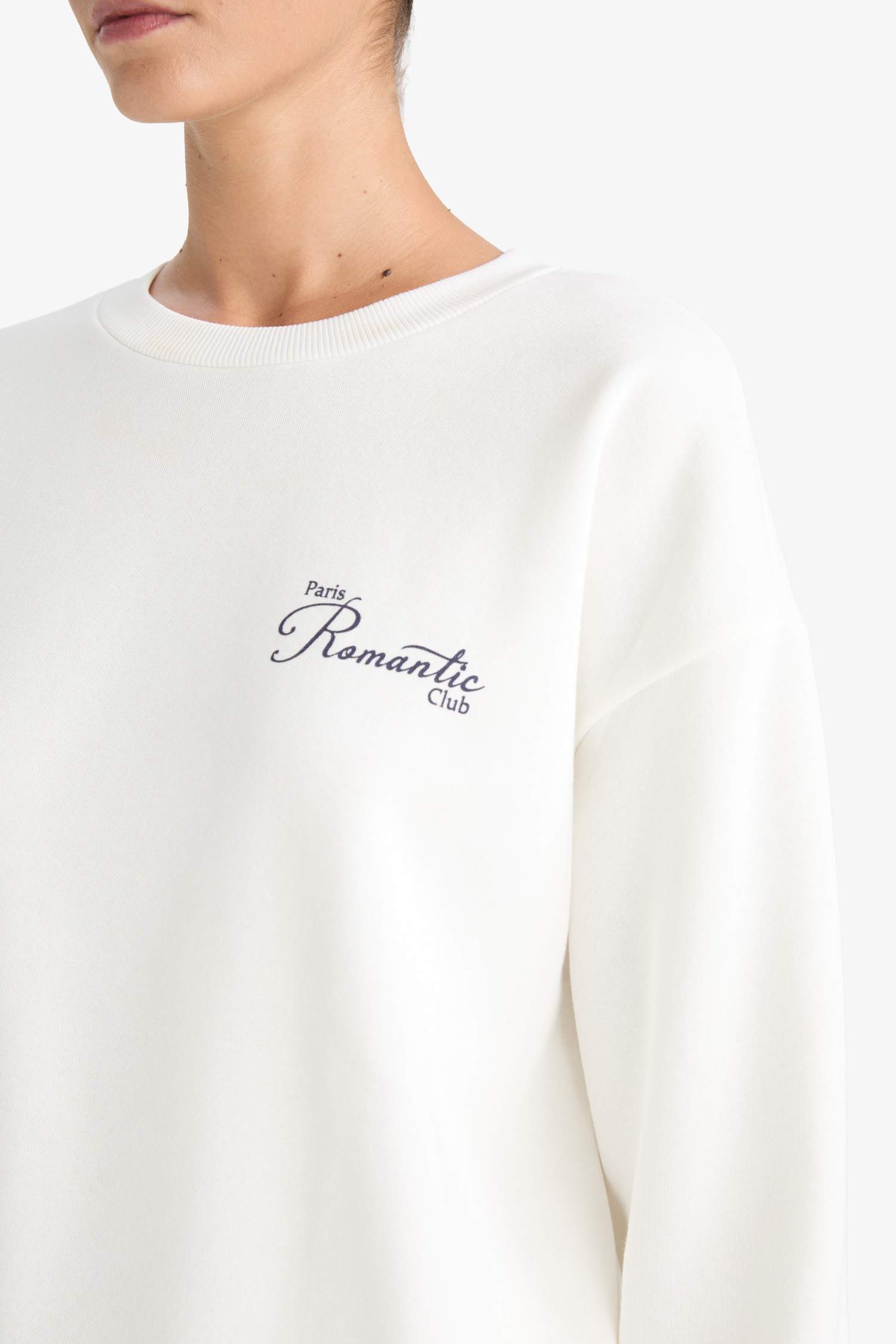 Oversize Geniş Kalıp Bisiklet Yaka Baskılı Kalın Sweatshirt