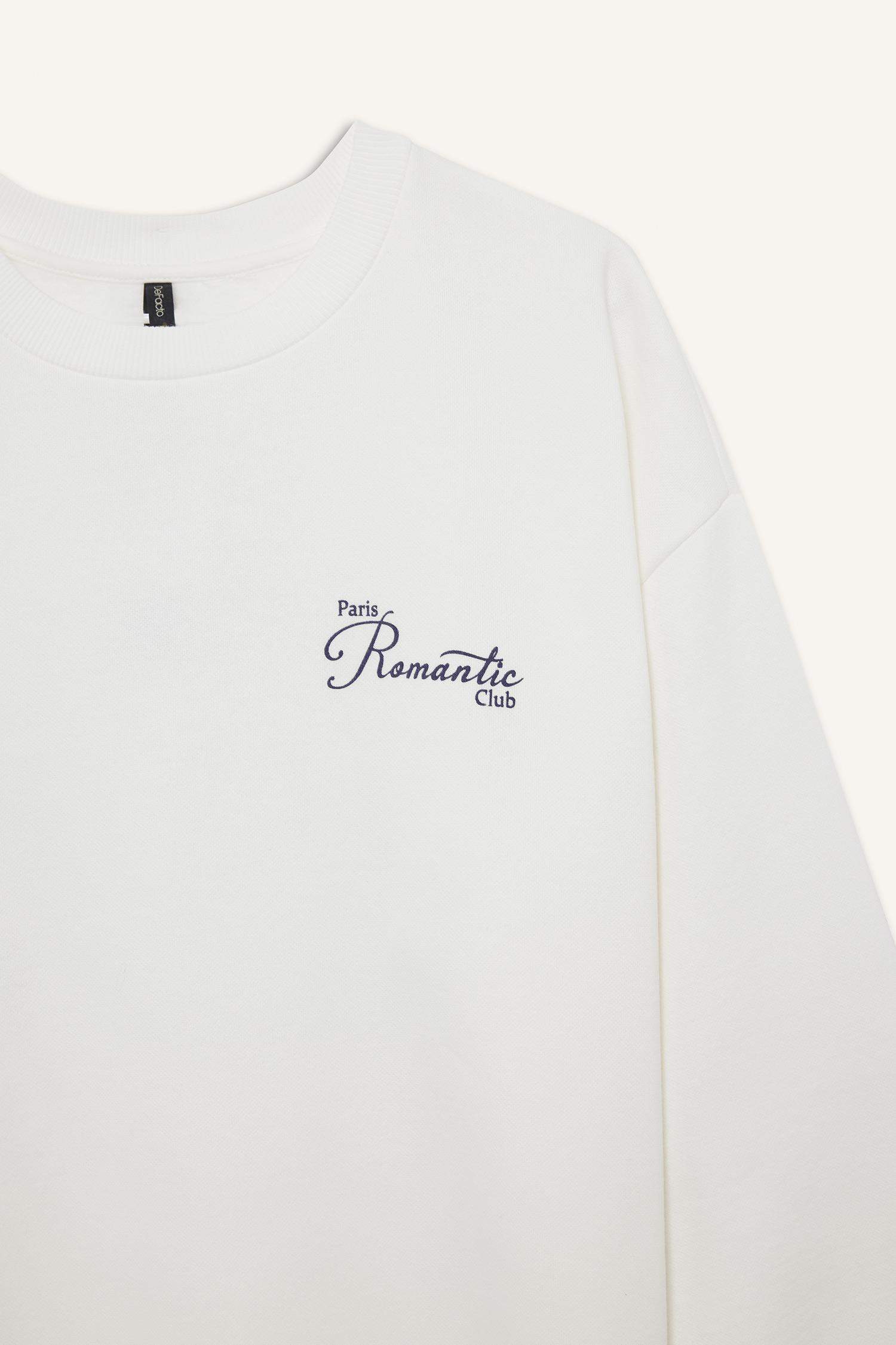 Oversize Geniş Kalıp Bisiklet Yaka Baskılı Kalın Sweatshirt