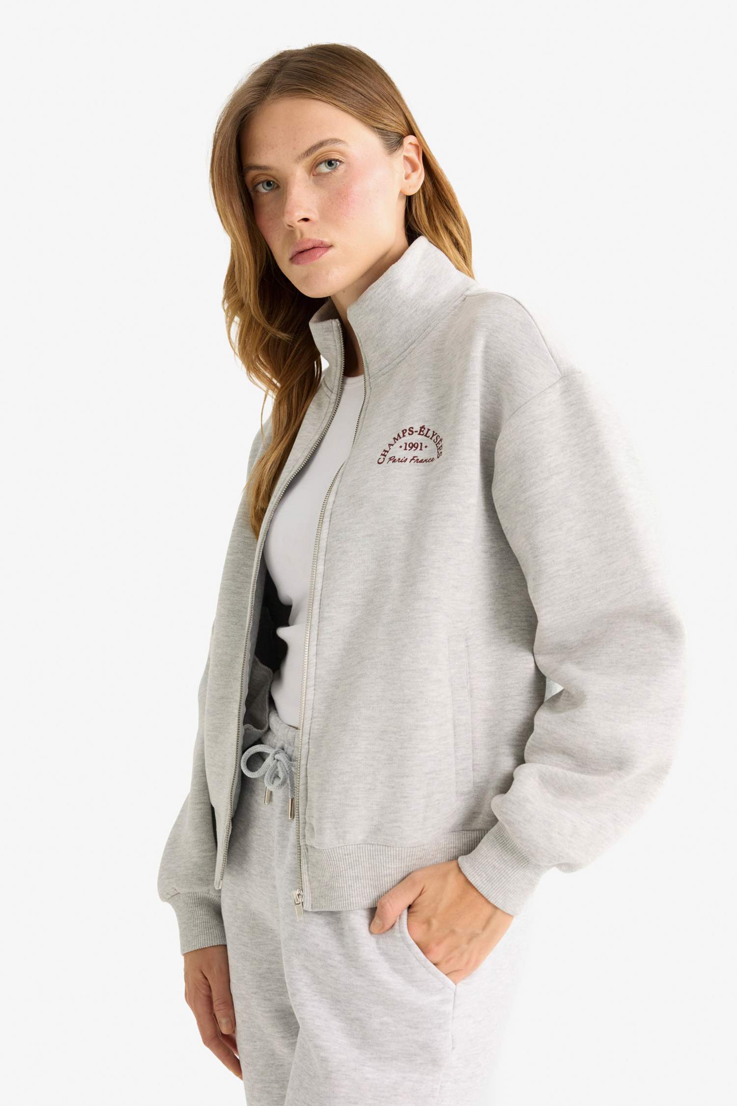 Relax Fit Yarım Balıkçı Yaka Baskılı Kalın Fermuarlı Sweatshirt