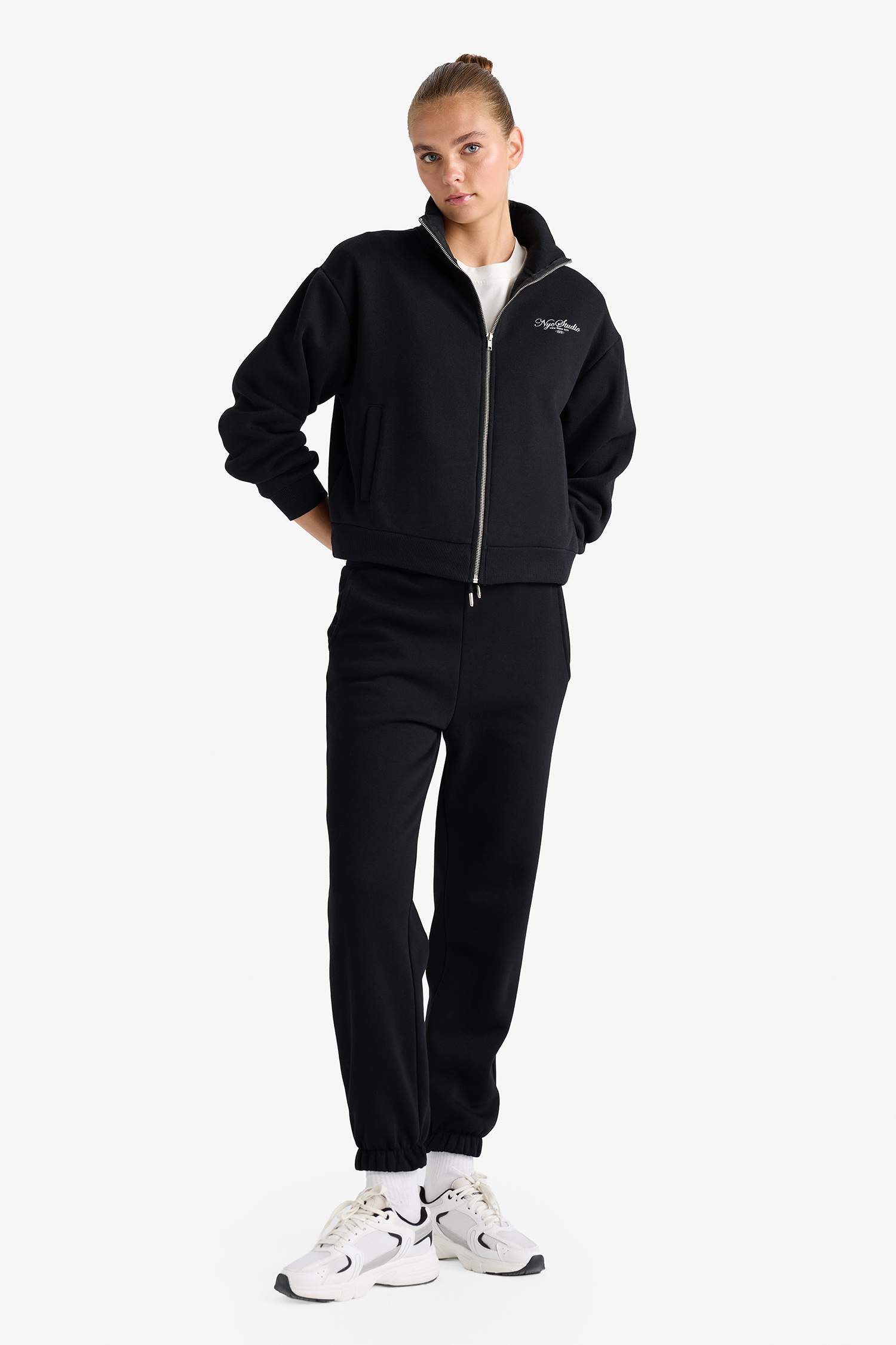 Relax Fit Dik Yaka Baskılı Kalın Fermuarlı Sweatshirt