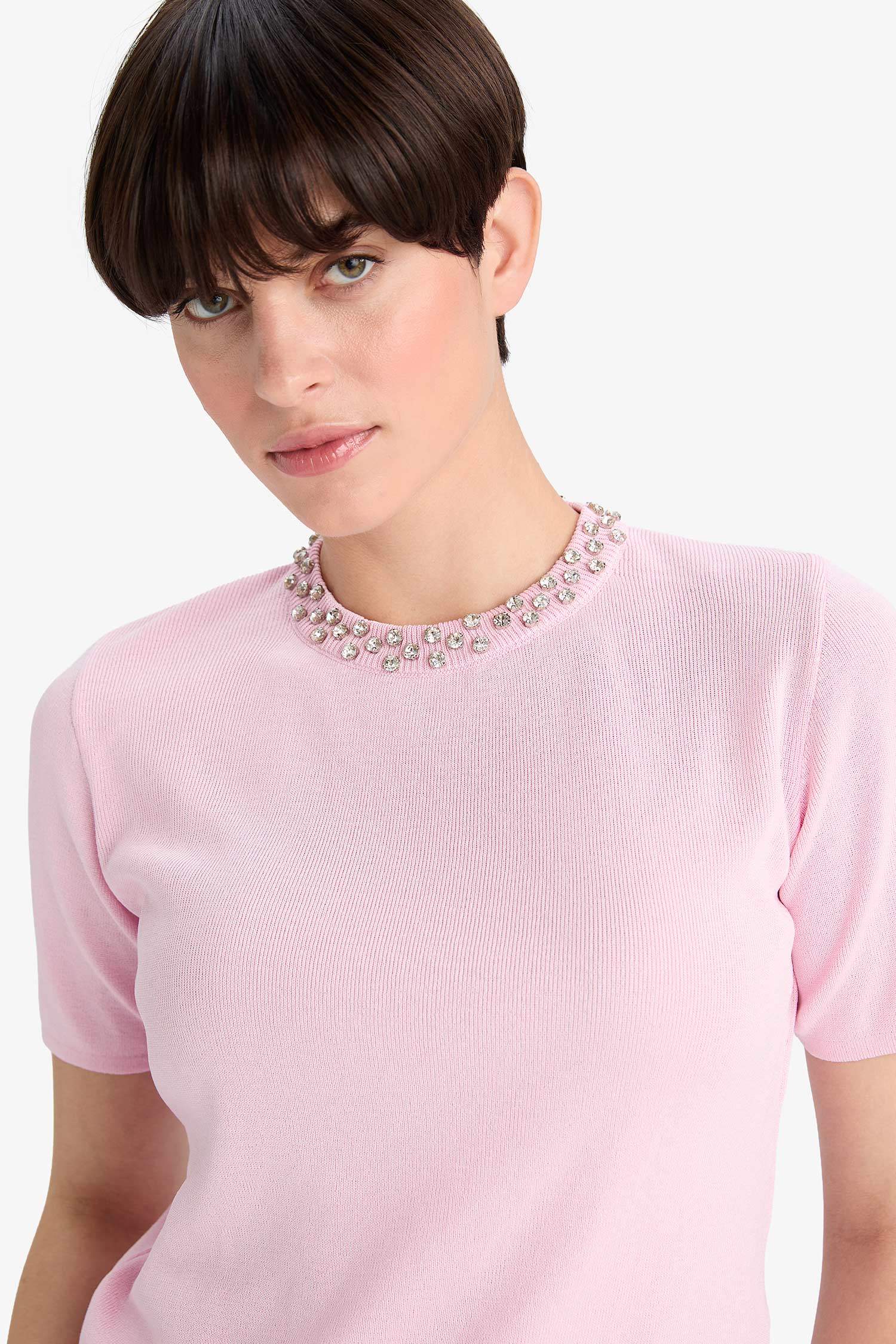 Regular Fit Bisiklet Yaka İşlemeli Krep Kısa Kollu Triko Kazak