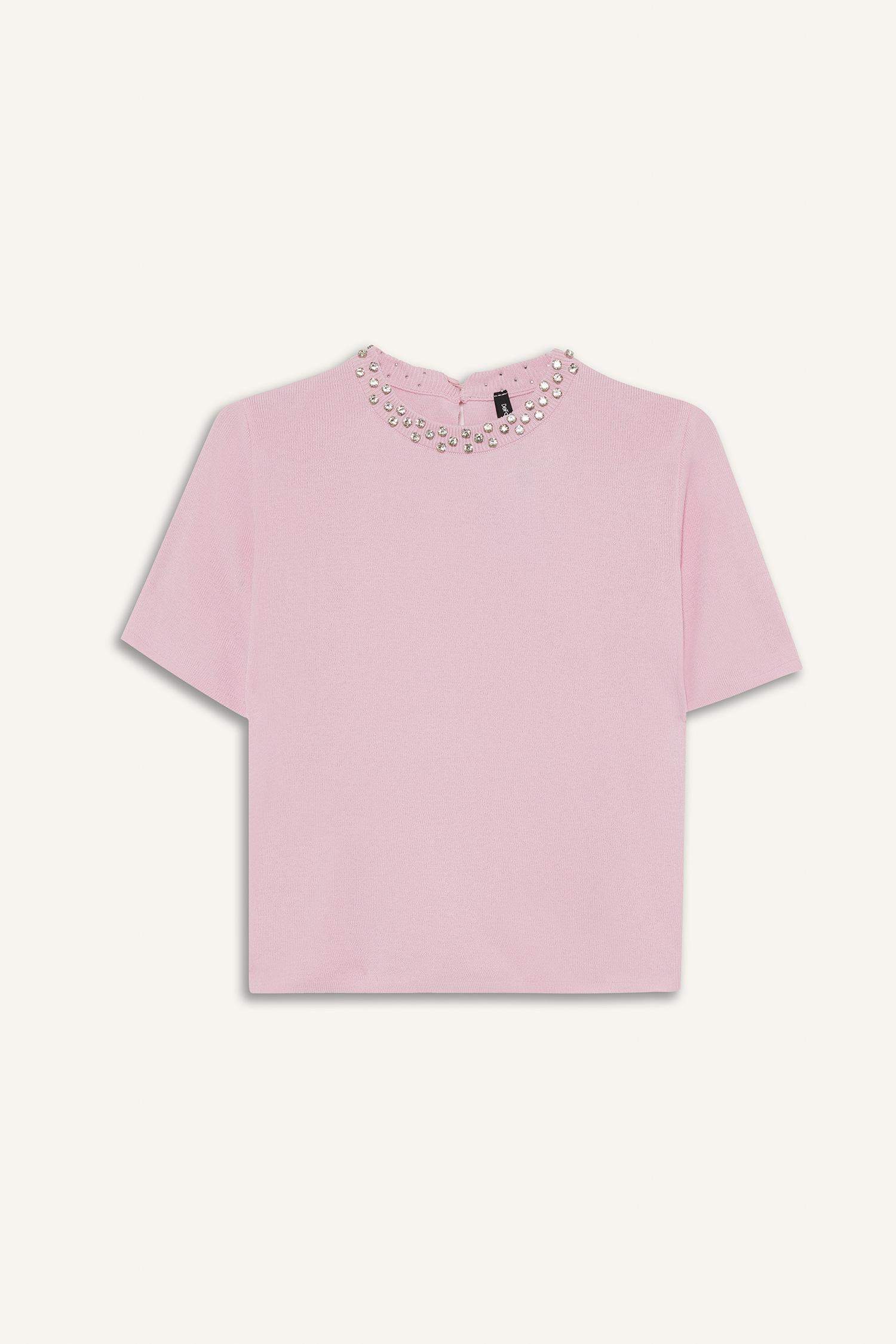 Regular Fit Bisiklet Yaka İşlemeli Krep Kısa Kollu Triko Kazak