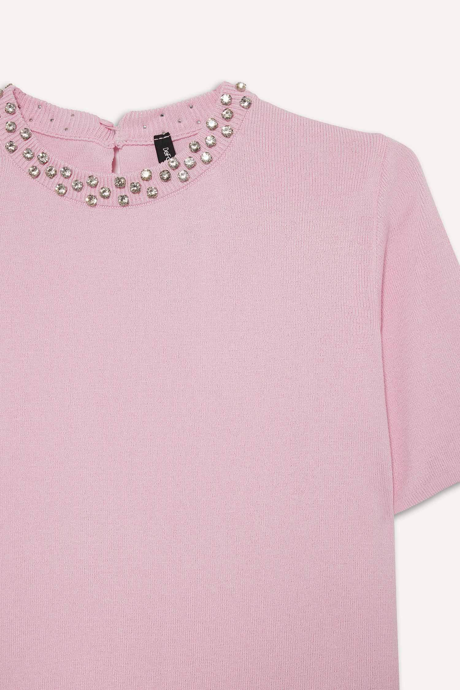 Regular Fit Bisiklet Yaka İşlemeli Krep Kısa Kollu Triko Kazak