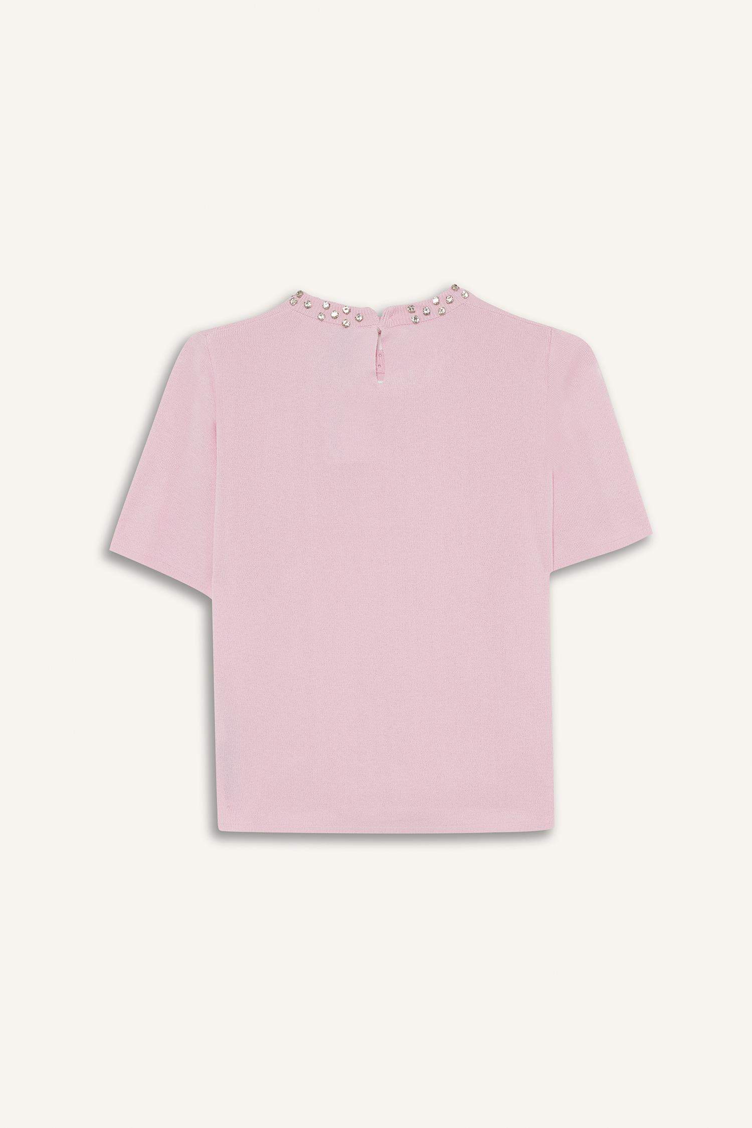 Regular Fit Bisiklet Yaka İşlemeli Krep Kısa Kollu Triko Kazak