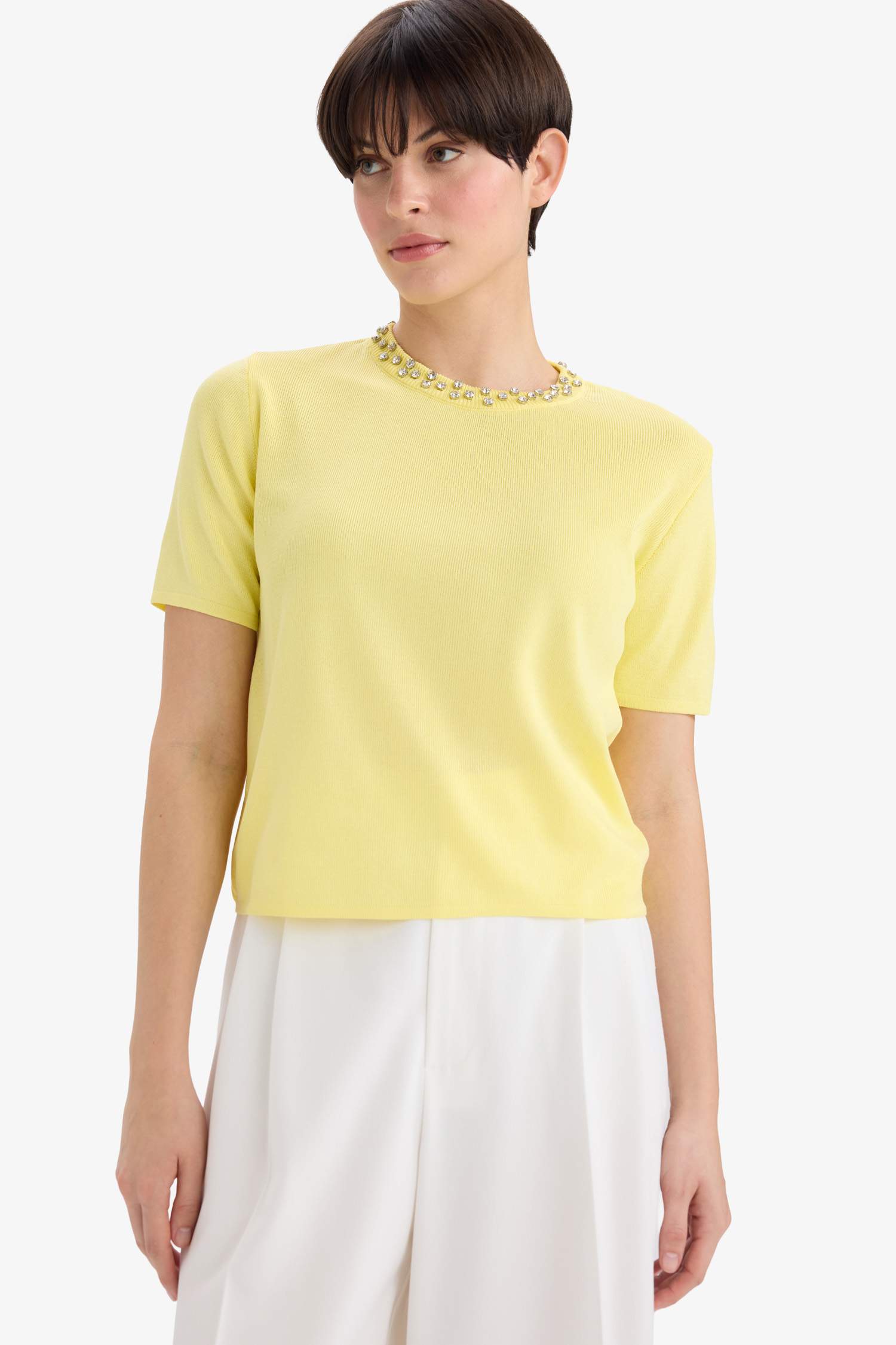 Regular Fit Bisiklet Yaka İşlemeli Krep Kısa Kollu Triko Kazak