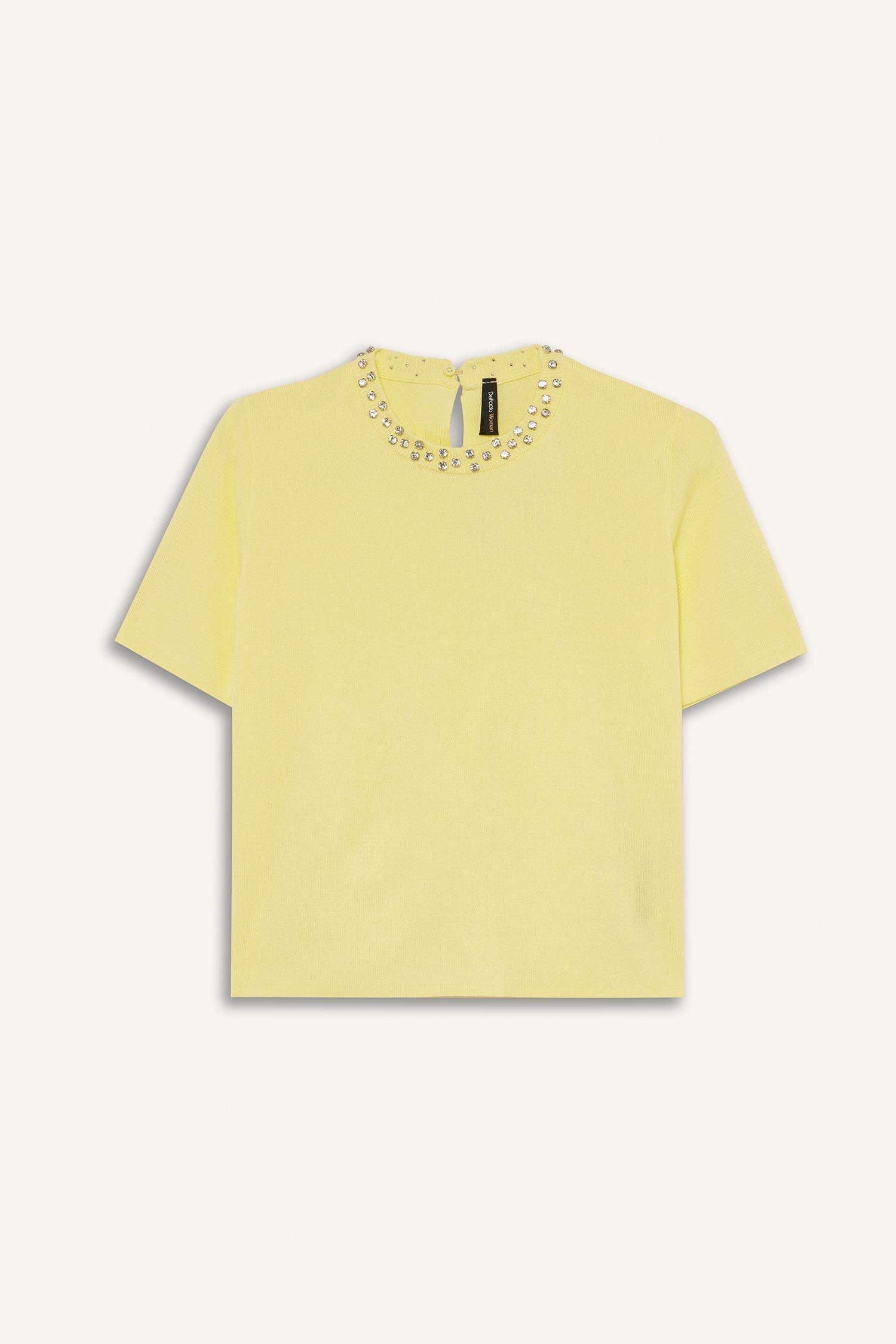 Regular Fit Bisiklet Yaka İşlemeli Krep Kısa Kollu Triko Kazak