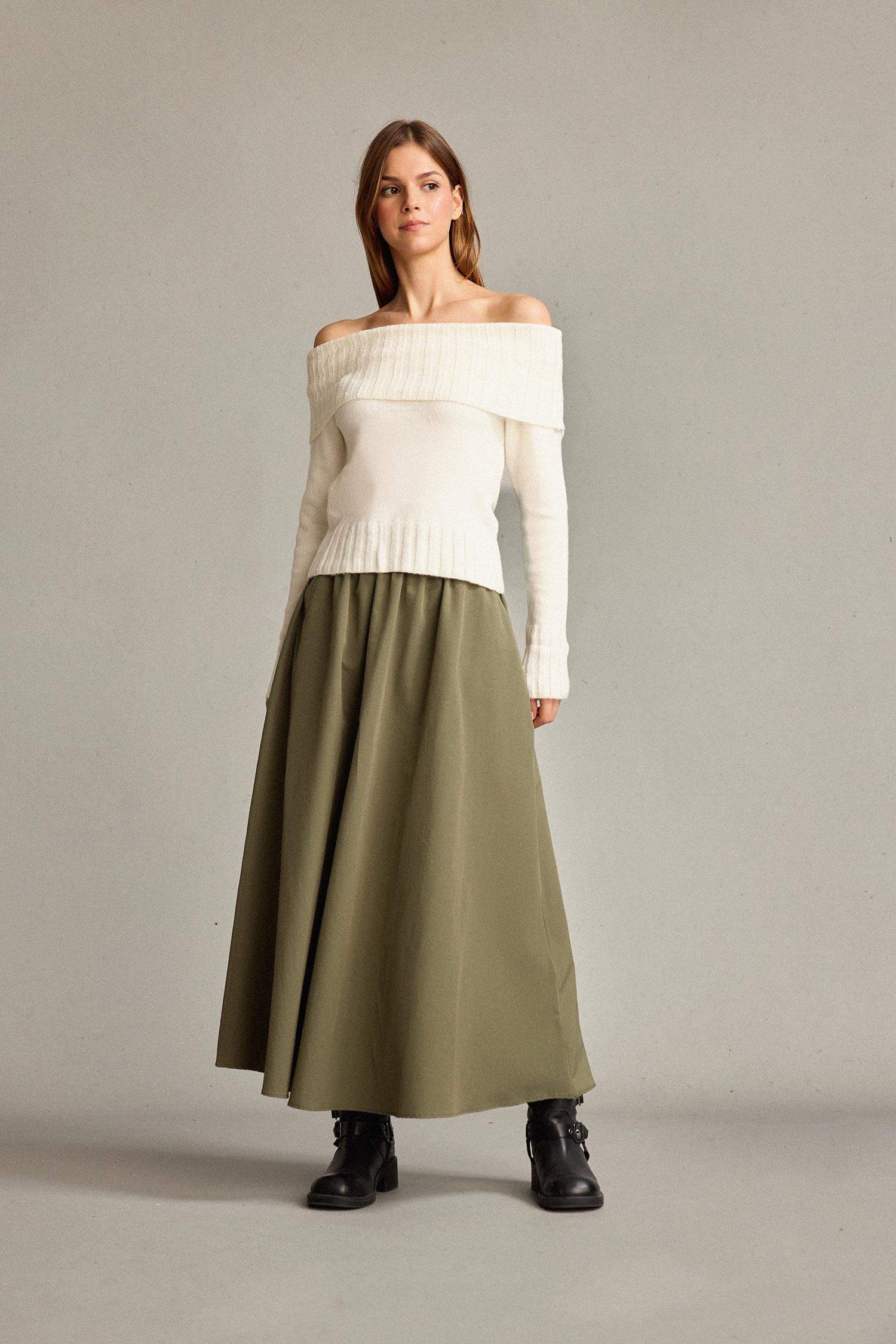 تنورة طويلة بوبلين بخصر مطاطي