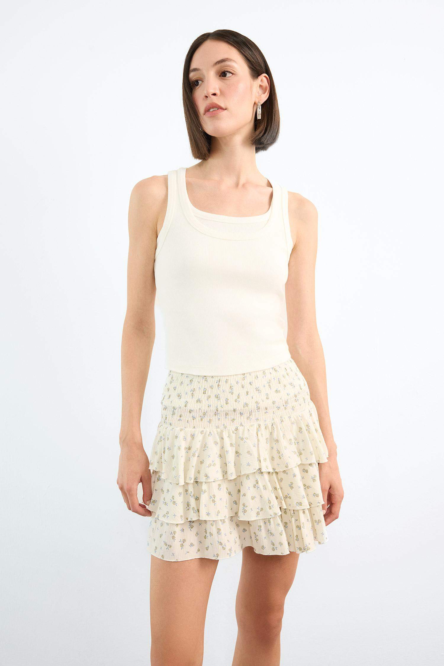 Çiçekli Beli Lastikli Mini Etek