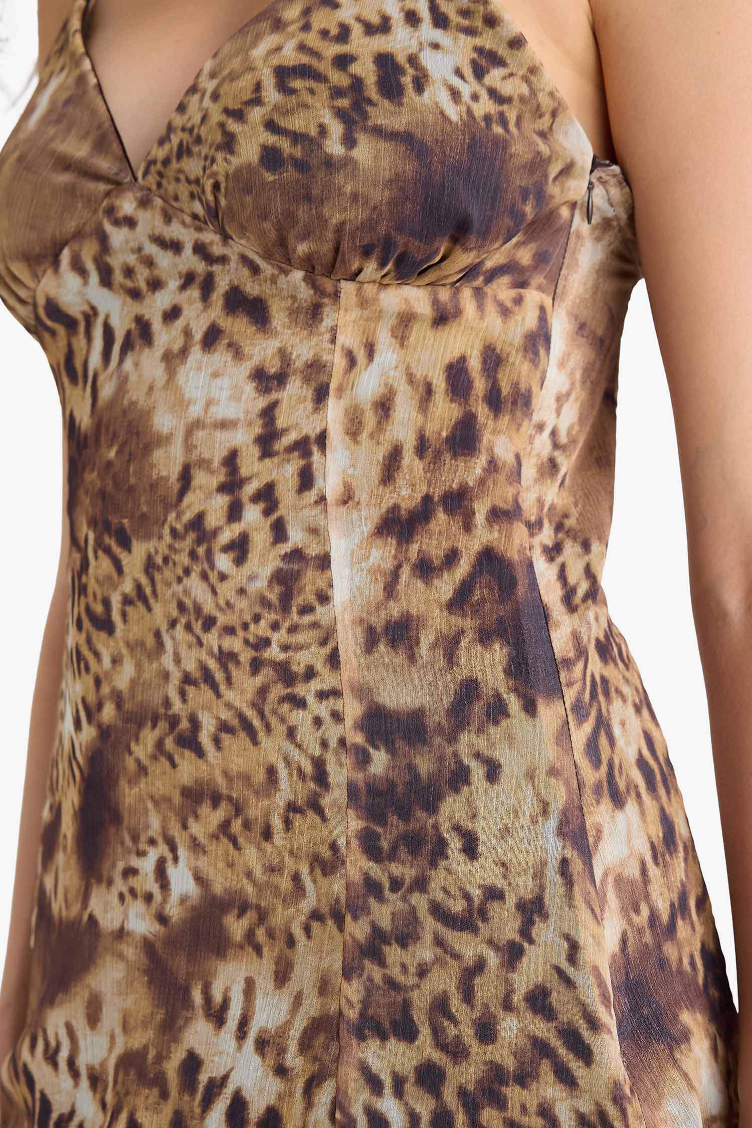 V Neck Leopard Patterned Chiffon Strap Mini Dress