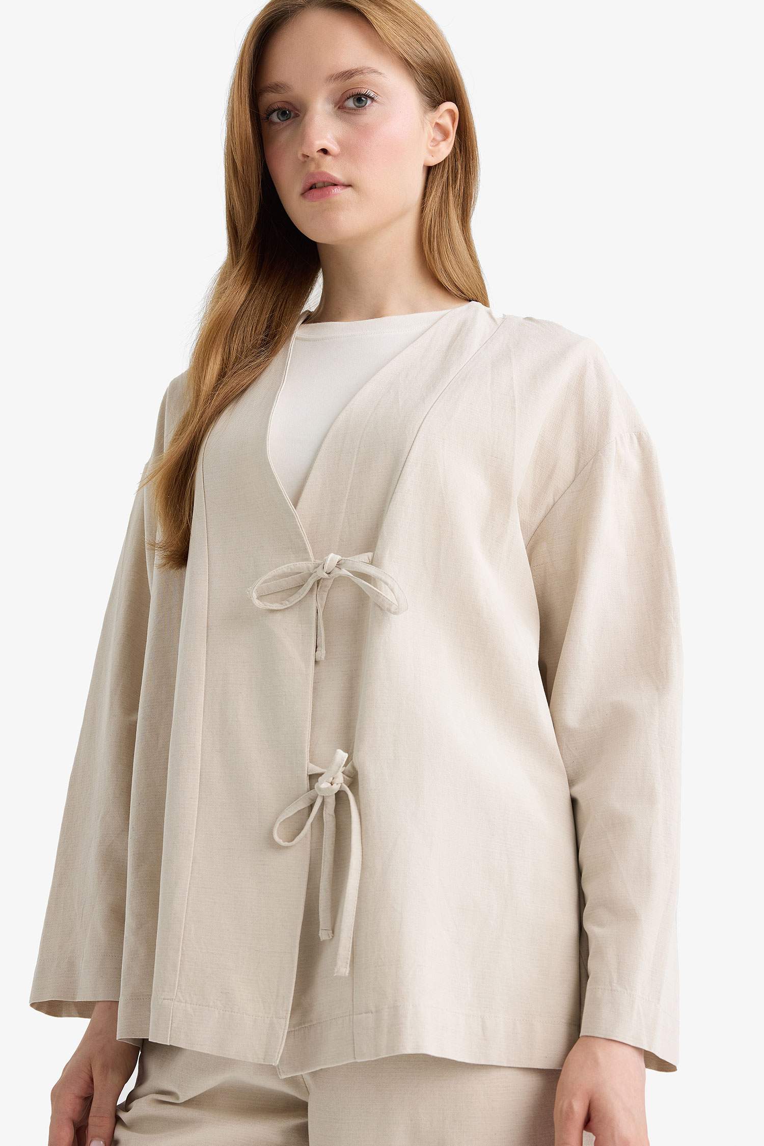كيمونو من مزيج الكتان قصة عادية بياخة V