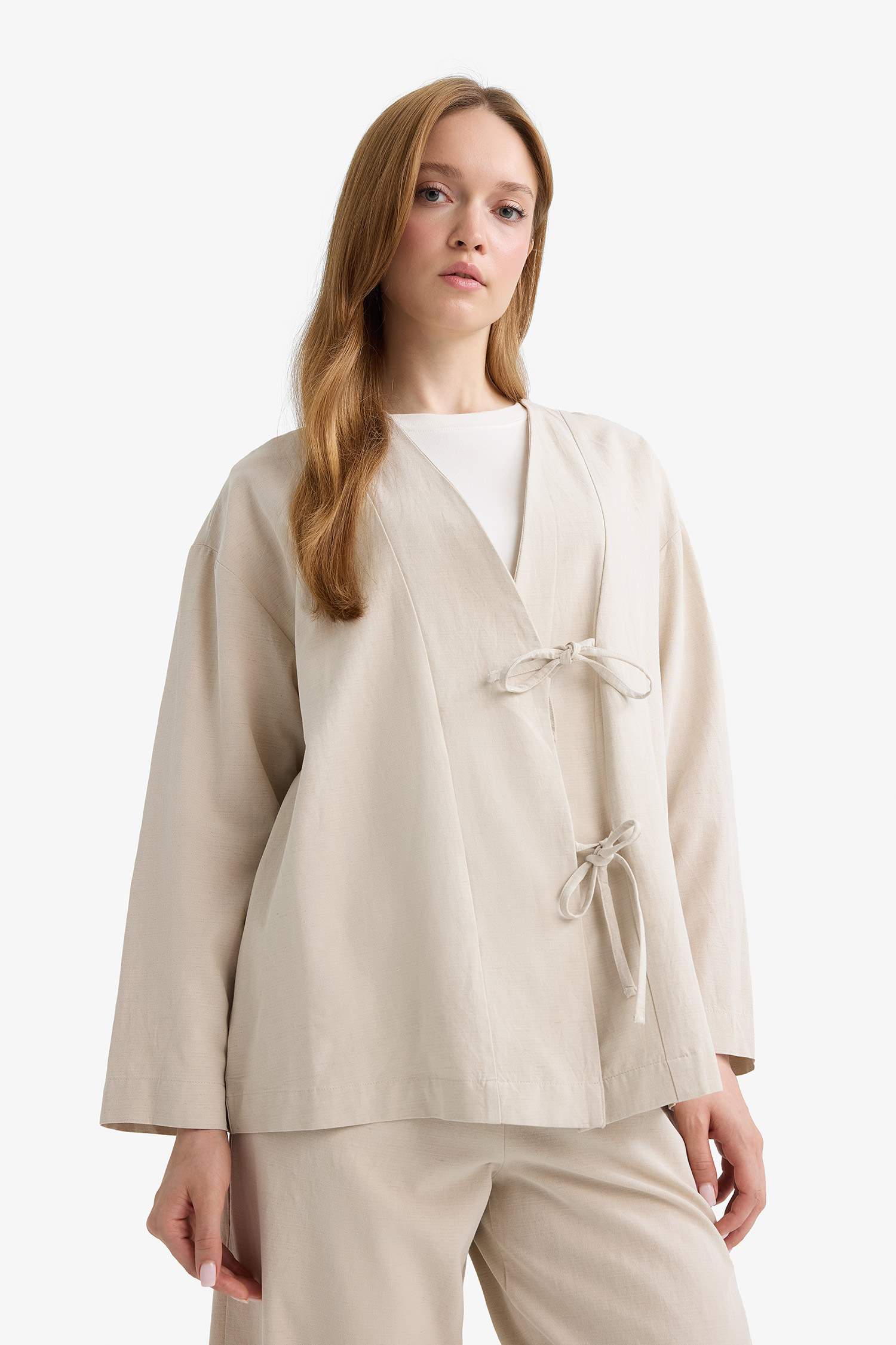 كيمونو من مزيج الكتان قصة عادية بياخة V