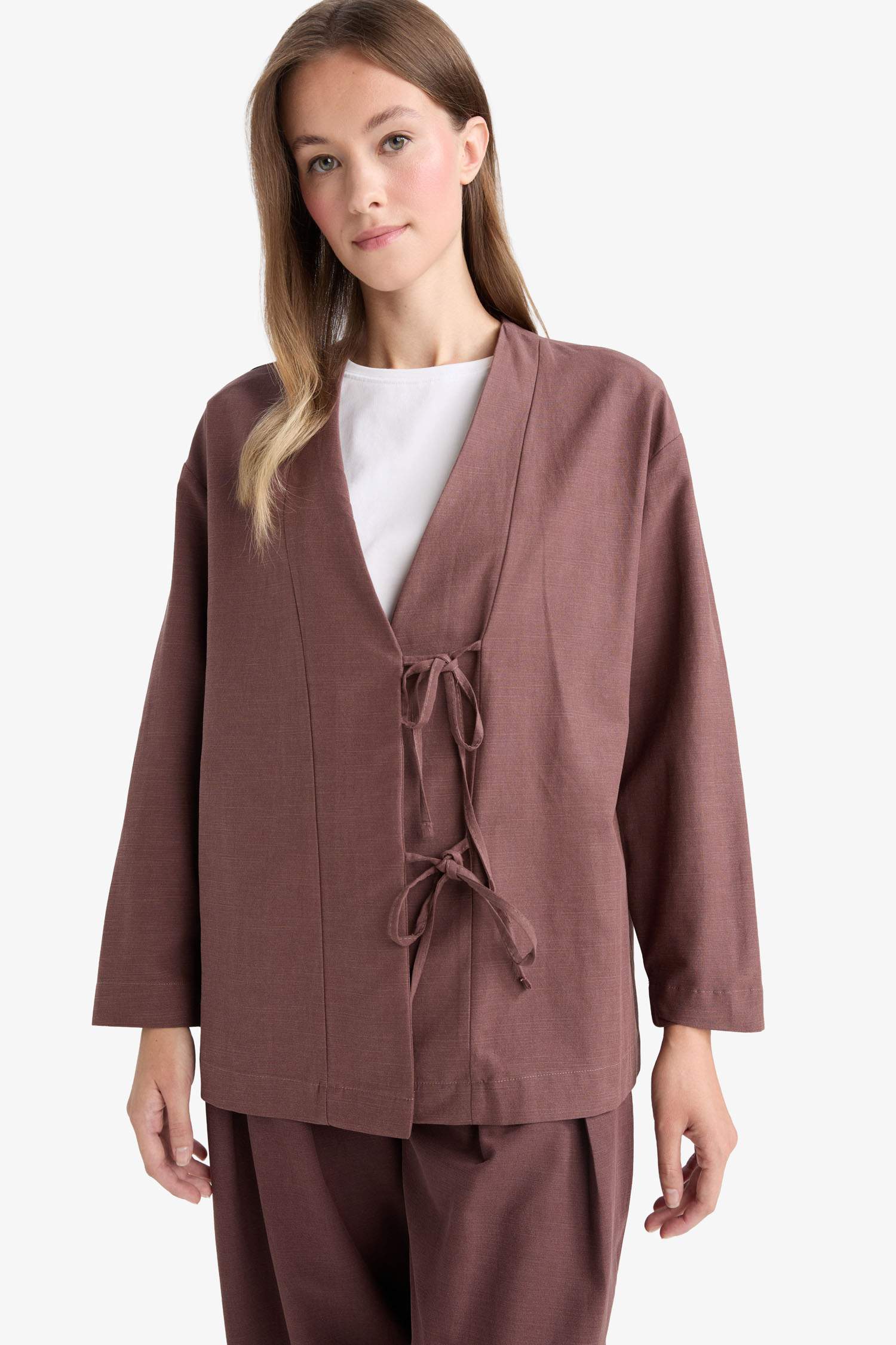 Regular Fit V Yaka Keten Karışımlı Kimono