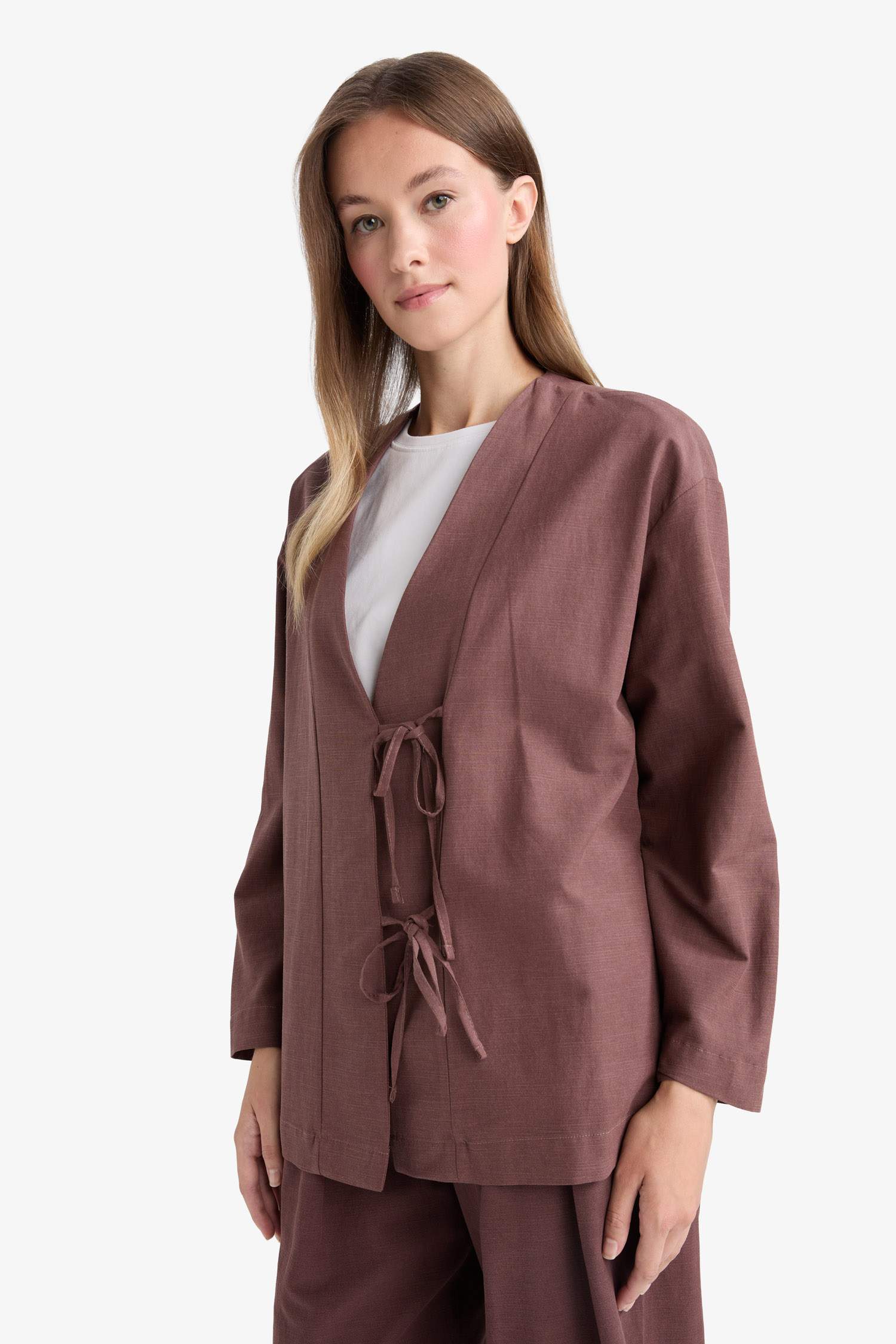 Regular Fit V Yaka Keten Karışımlı Kimono