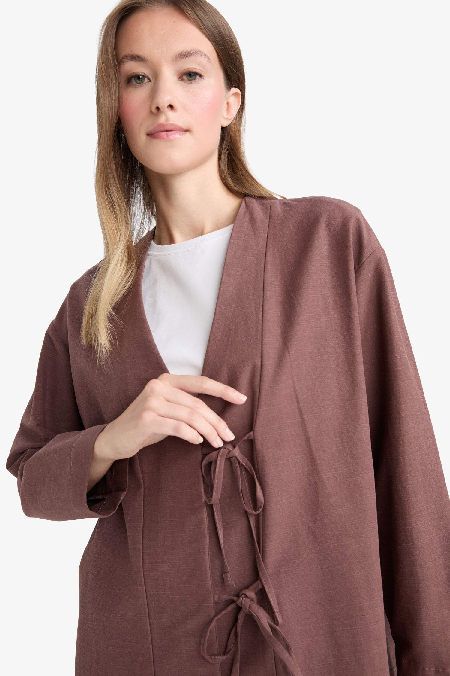 Regular Fit V Yaka Keten Karışımlı Kimono