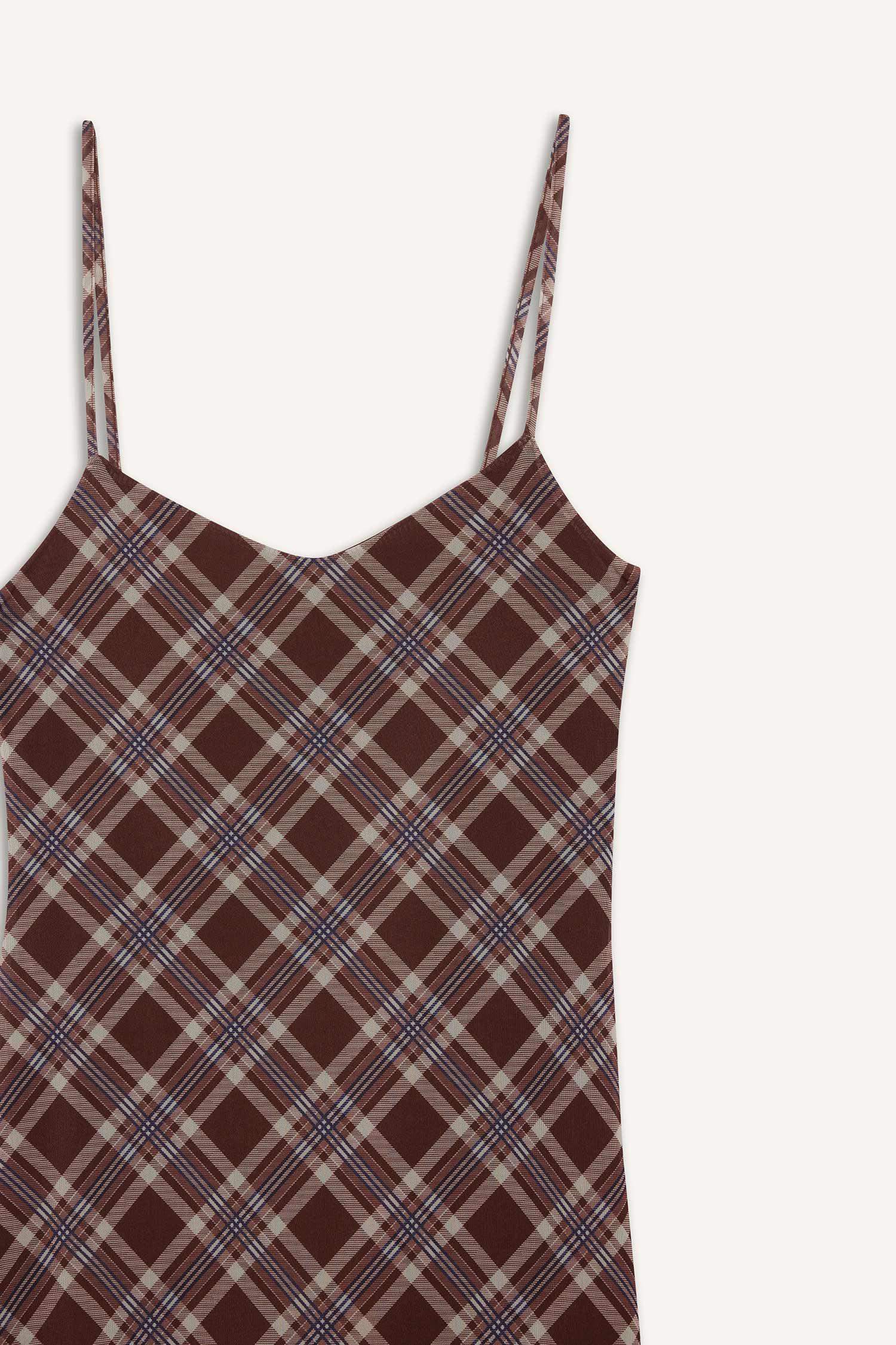 Coool V Yaka Kareli Tül Askılı Midi Elbise