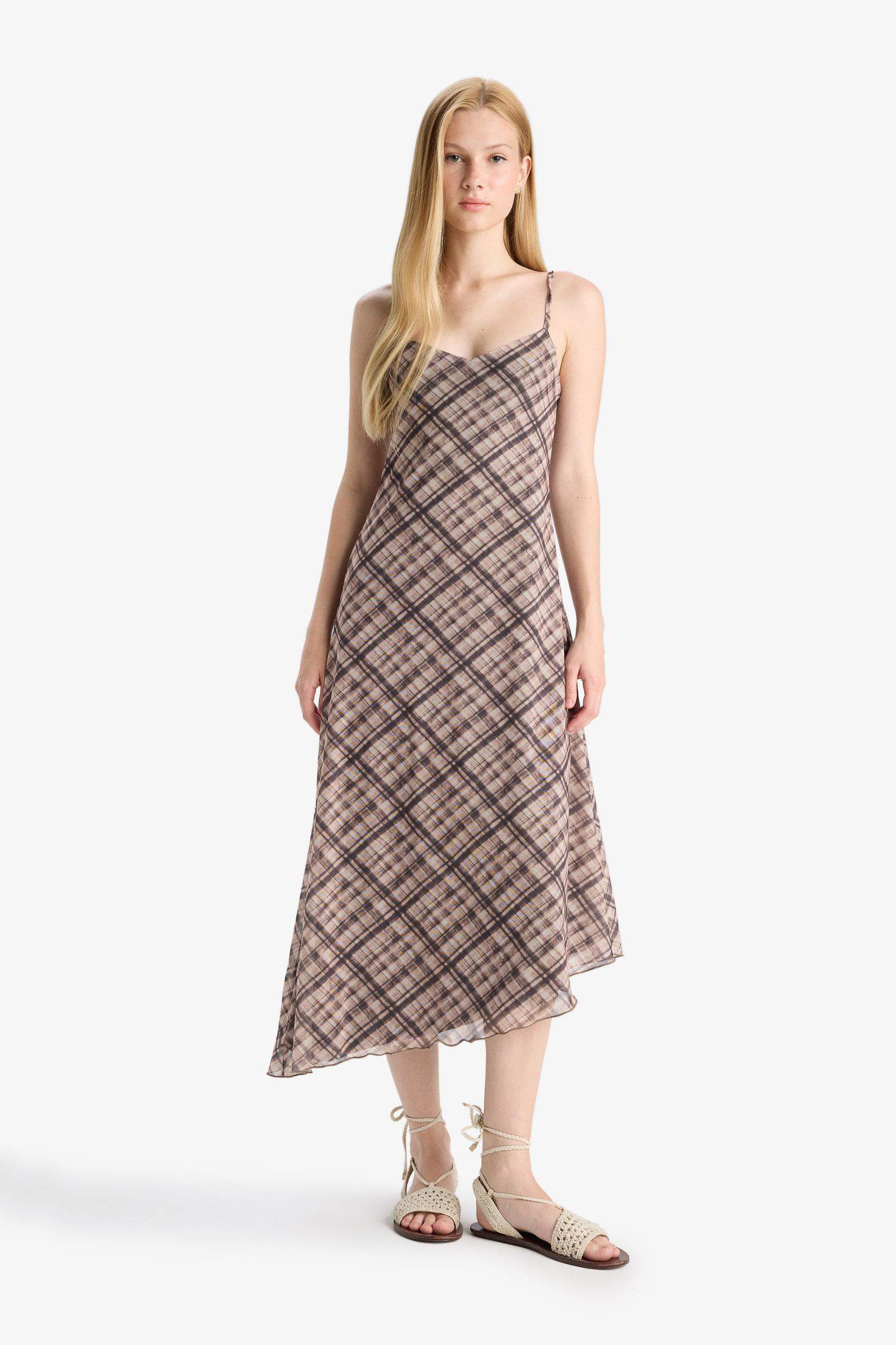 Coool V Yaka Kareli Tül Askılı Midi Elbise