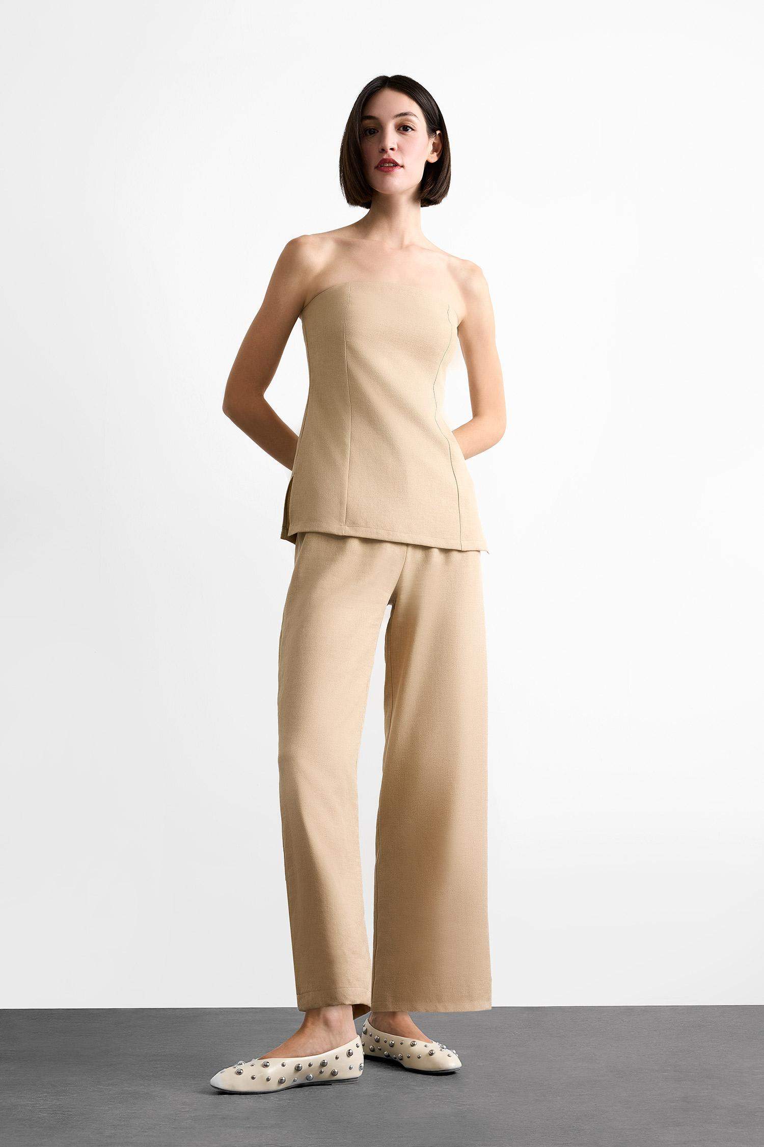 Fermuarlı Yüksek Bel Kısa Paça Bilek Boy Keten Karışımlı Pantolon