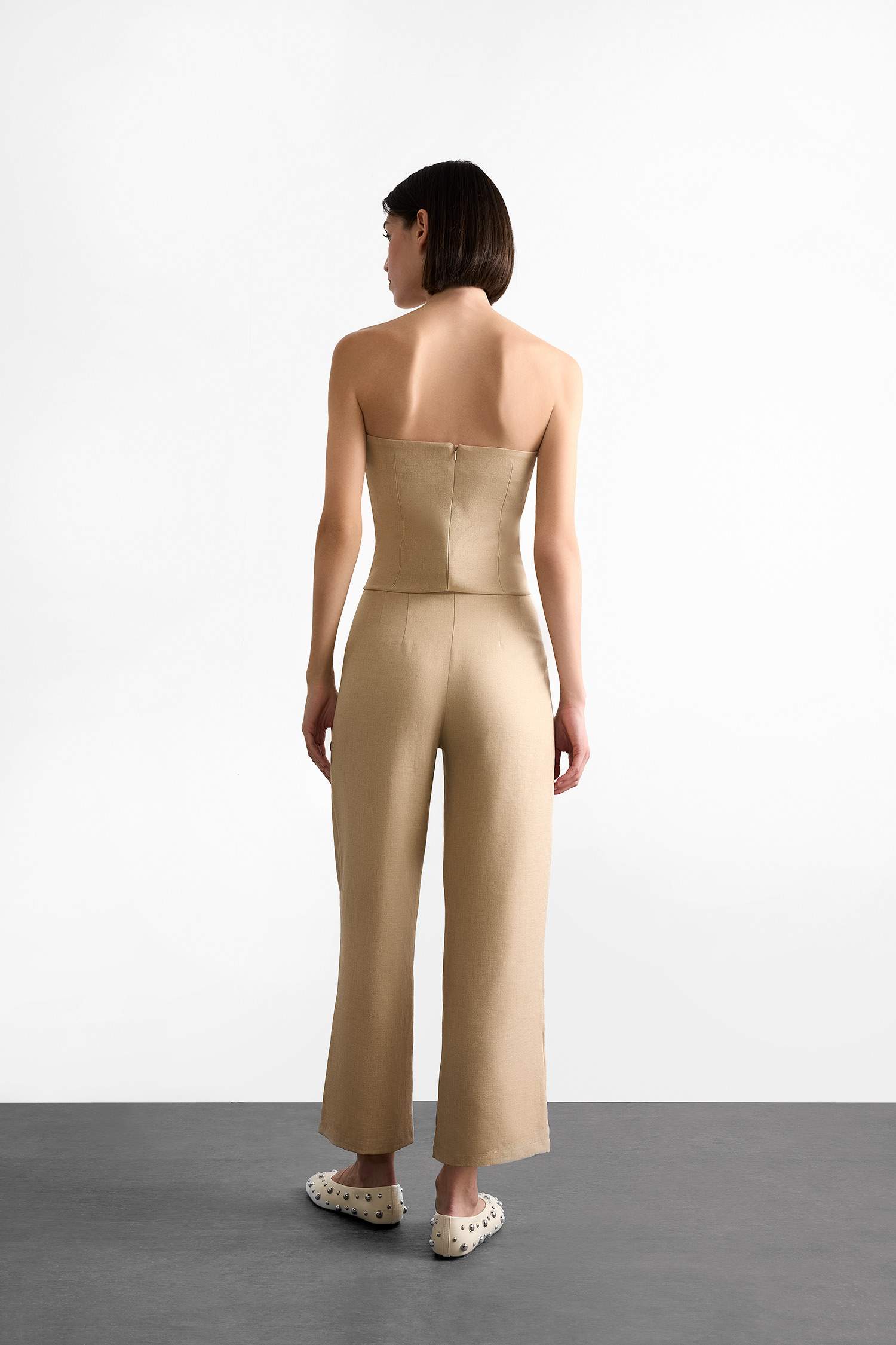 Fermuarlı Yüksek Bel Kısa Paça Bilek Boy Keten Karışımlı Pantolon