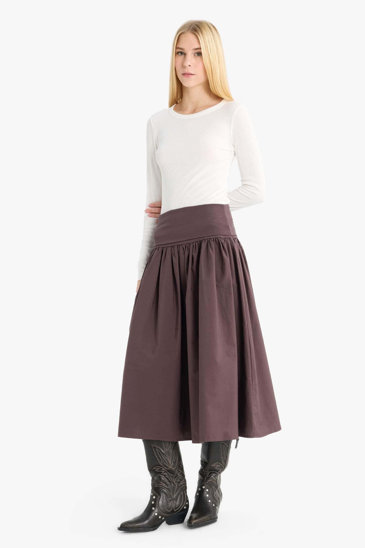 Coool A Kesim Yüksek Bel Poplin Midi Etek