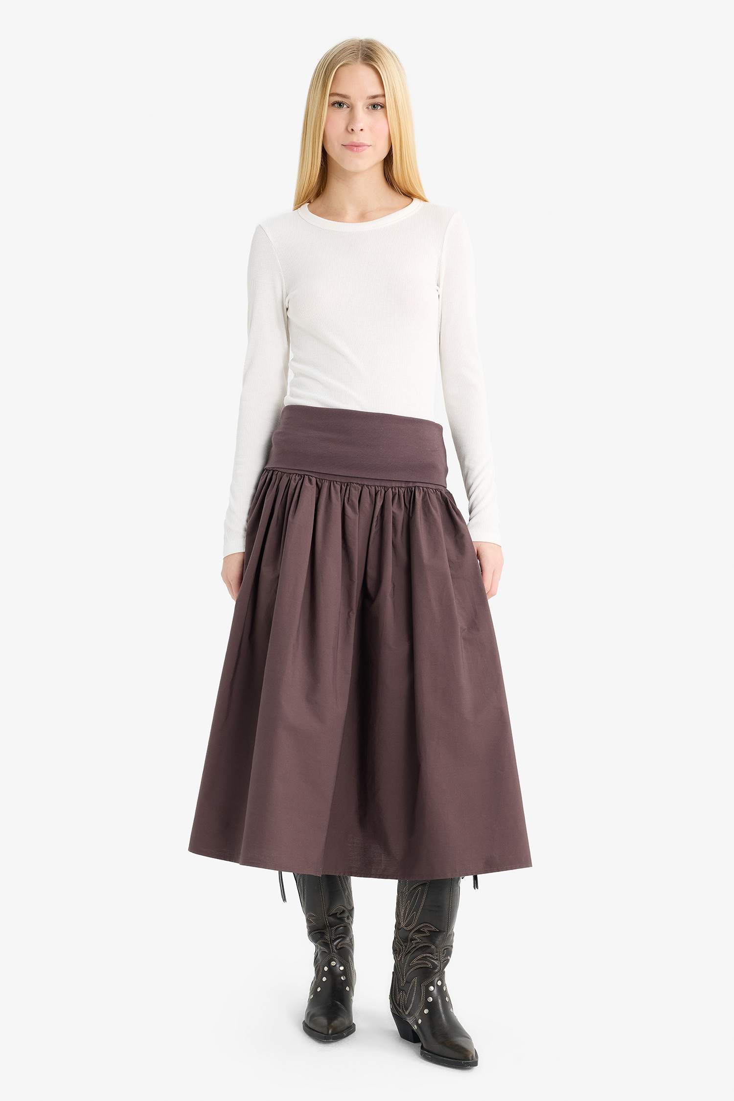 Coool A Kesim Yüksek Bel Poplin Midi Etek