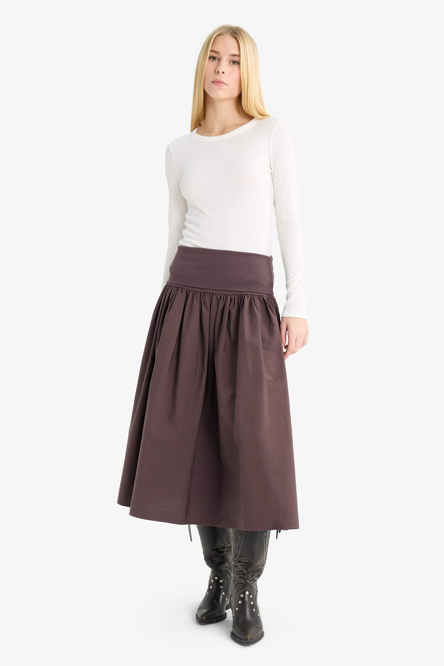 Coool A Kesim Yüksek Bel Poplin Midi Etek