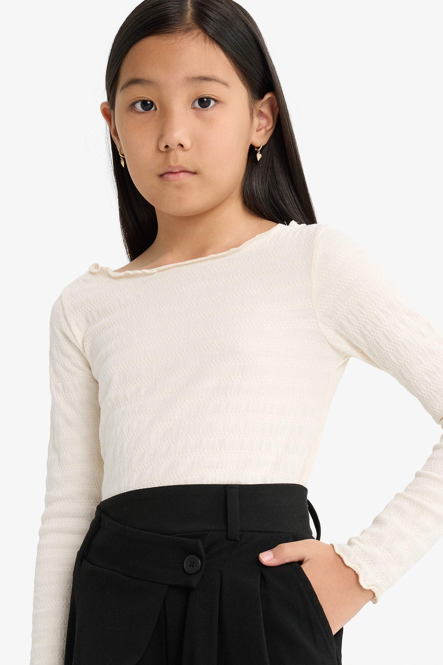 تيشيرت بناتي ردن طويل منسوج مخصر بياخة مستديرة