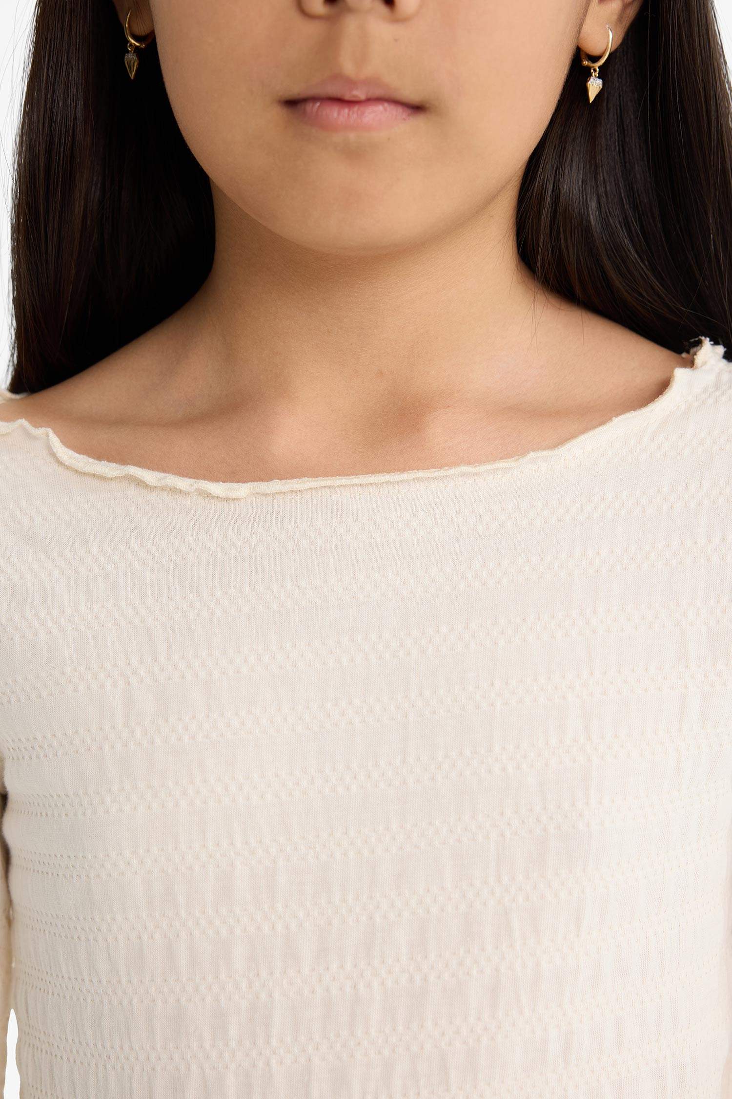 تيشيرت بناتي ردن طويل منسوج مخصر بياخة مستديرة