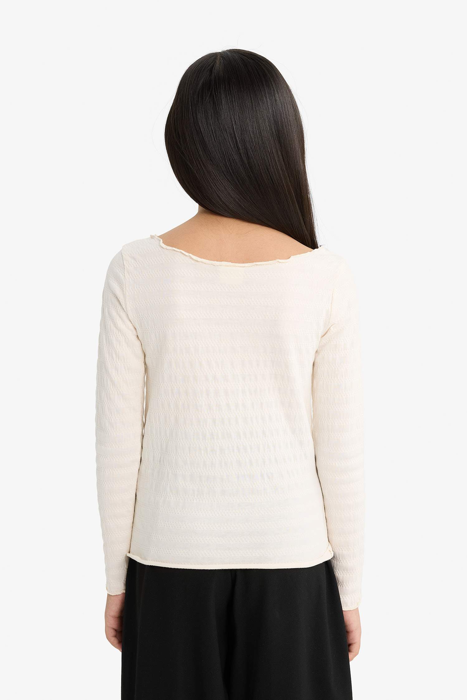 Kız Çocuk Fitted Bisiklet Yaka Bürümcük Uzun Kollu Tişört