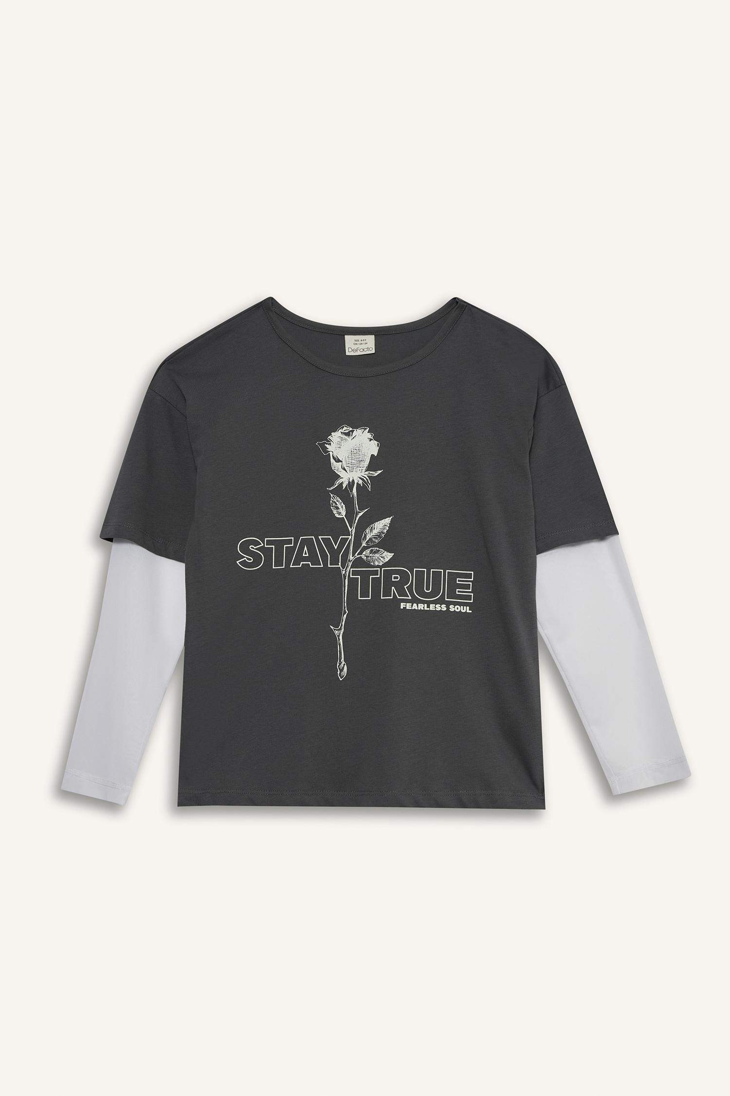 Kız Çocuk Oversize Geniş Kalıp Bisiklet Yaka Baskılı Uzun Kollu Tişört