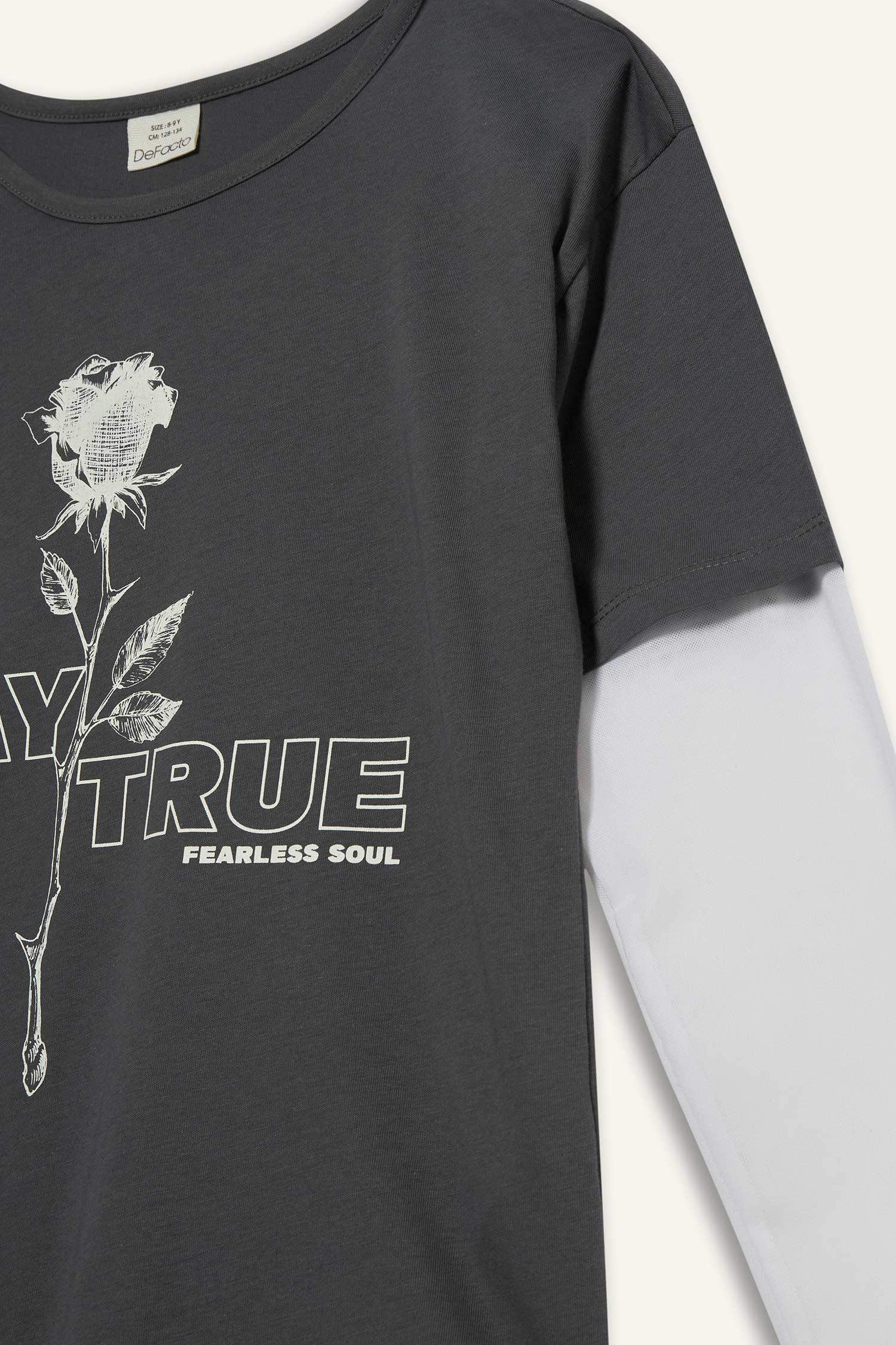 Kız Çocuk Oversize Geniş Kalıp Bisiklet Yaka Baskılı Uzun Kollu Tişört