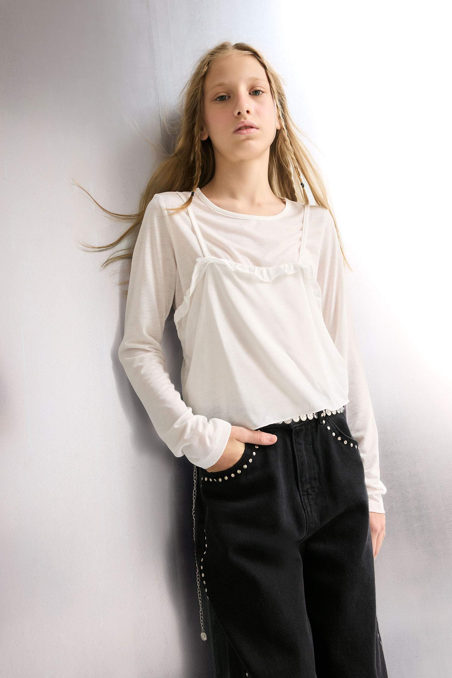 Kız Çocuk Fitted Bisiklet Yaka Uzun Kollu Tişört