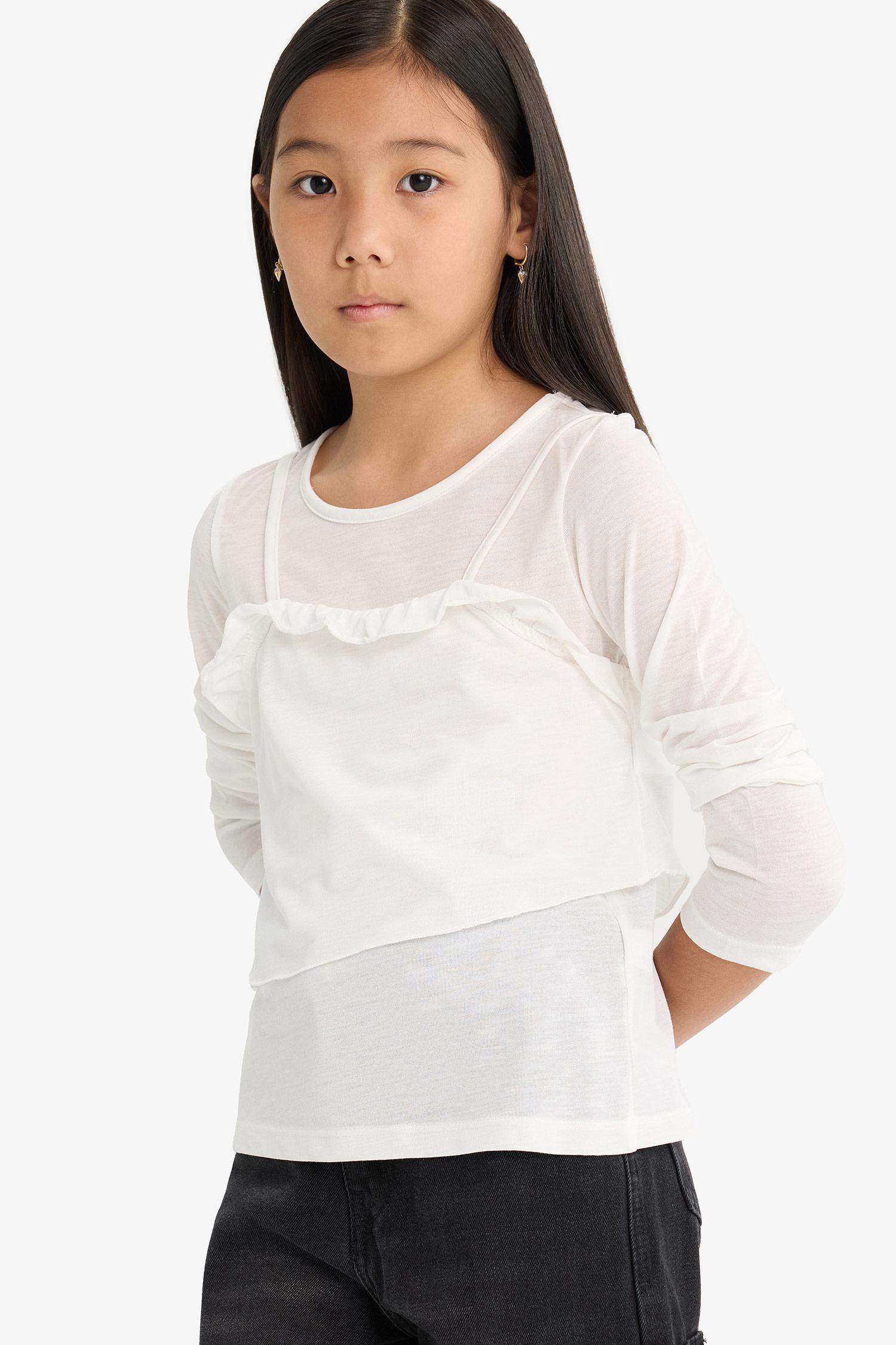 Kız Çocuk Fitted Bisiklet Yaka Uzun Kollu Tişört